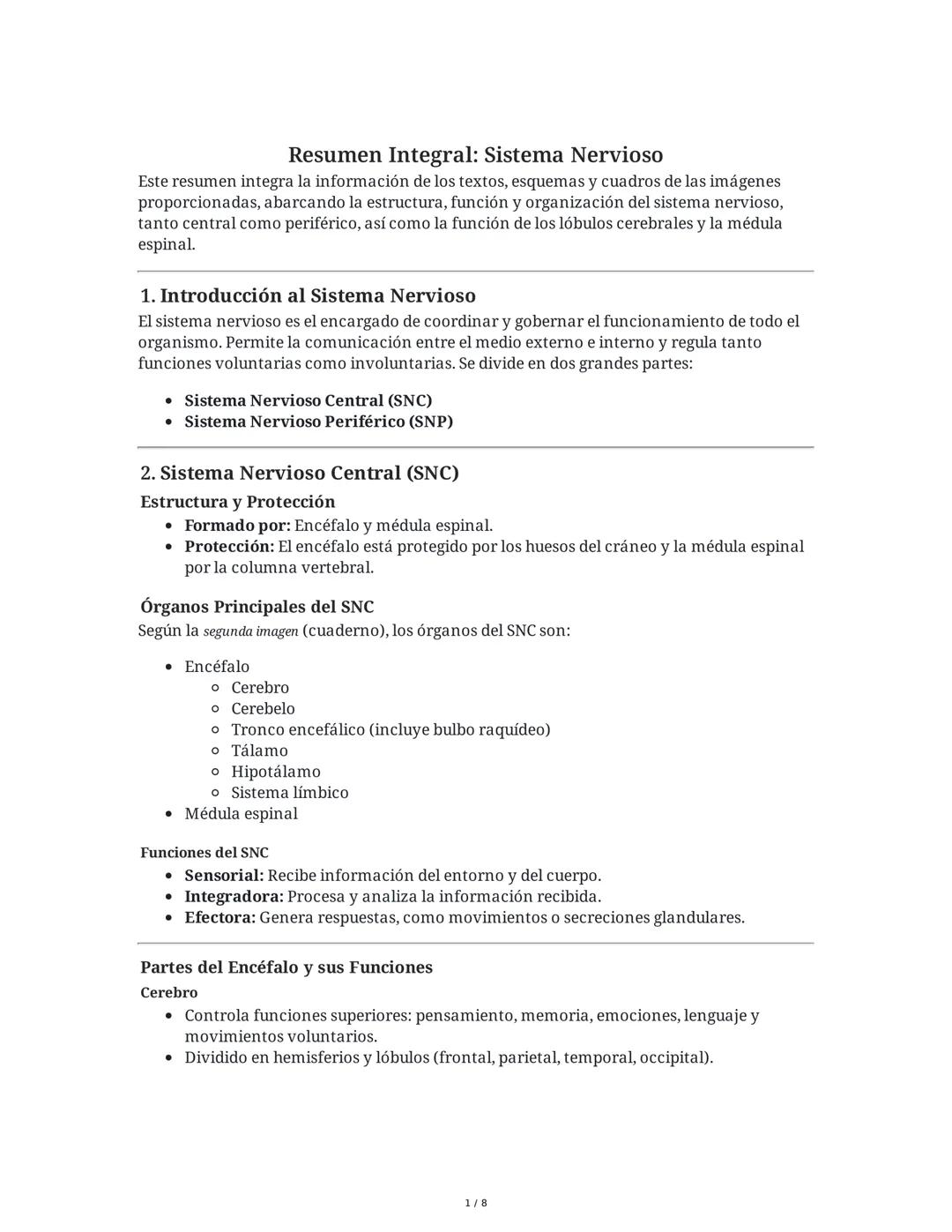 Resumen Integral: Sistema Nervioso
Este resumen integra la información de los textos, esquemas y cuadros de las imágenes
proporcionadas, aba