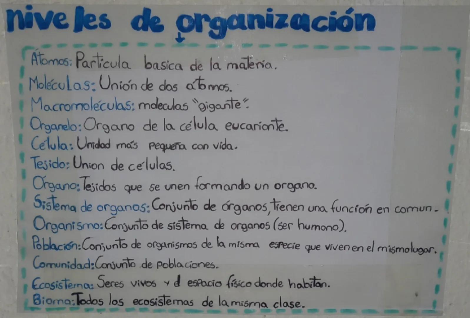 # niveles de organización

Atomos: Particula basica de la materia.

Moléculas: Unión de dos átomos.

Macromoléculas: moleculas "gigante".

O