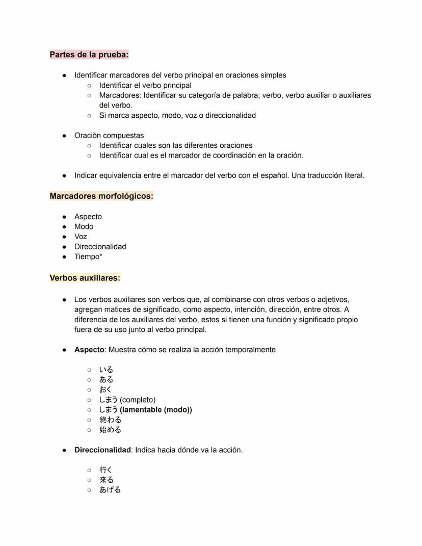 Partes de la prueba:
•
Identificar marcadores del verbo principal en oraciones simples
о Identificar el verbo principal
о
Marcadores: Identi