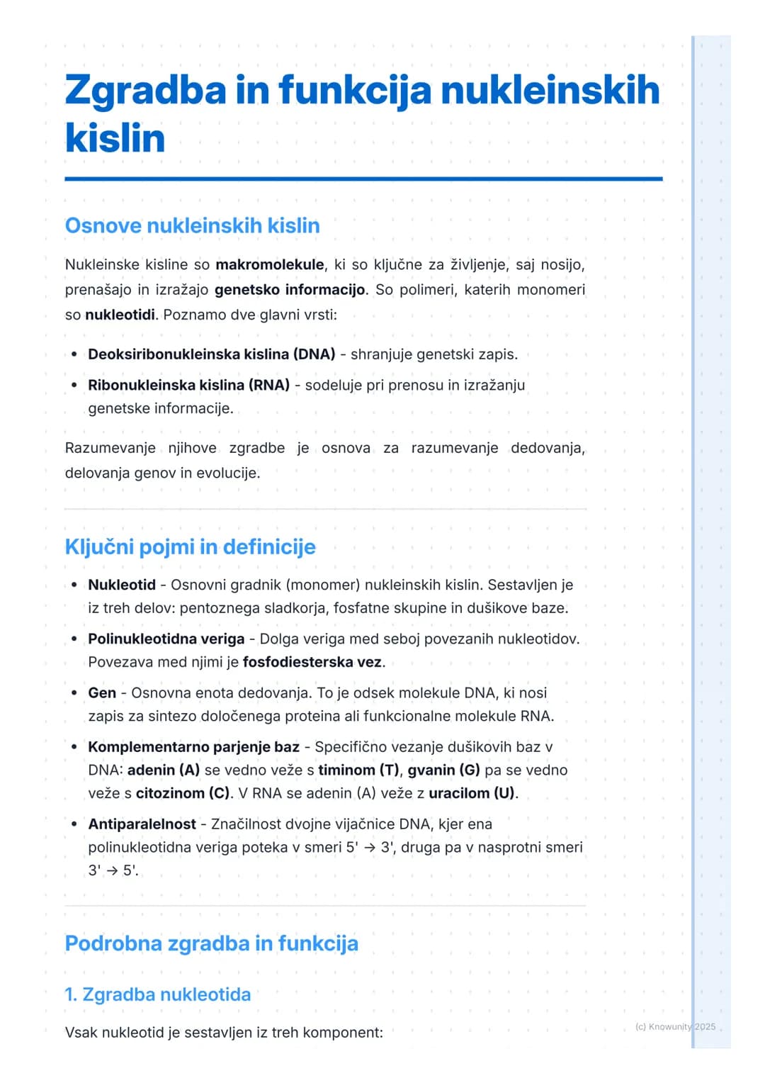 # Zgradba in funkcija nukleinskih
kislin

Osnove nukleinskih kislin

Nukleinske kisline so makromolekule, ki so ključne za življenje, saj no