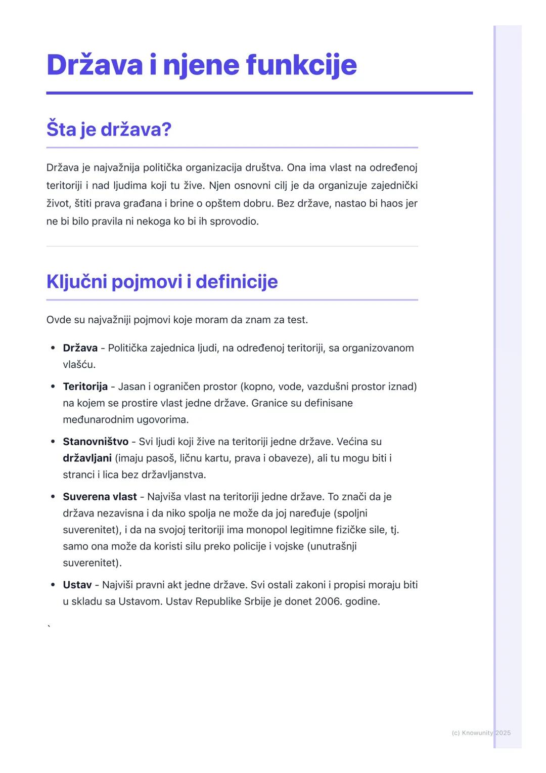 # Država i njene funkcije

## Šta je država?

Država je najvažnija politička organizacija društva. Ona ima vlast na određenoj
teritoriji i n
