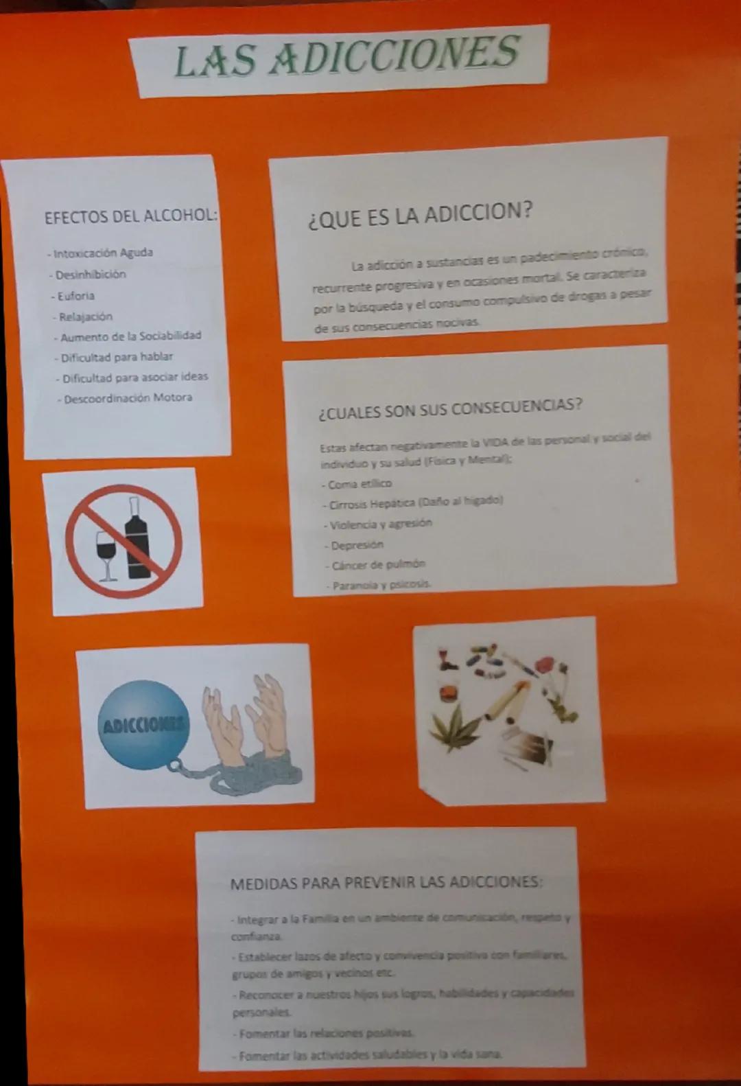 LAS ADICCIONES
EFECTOS DEL ALCOHOL:
-Intoxicación Aguda
-Desinhibición
-Euforia
Relajación
Aumento de la Sociabilidad
Dificultad para hablar