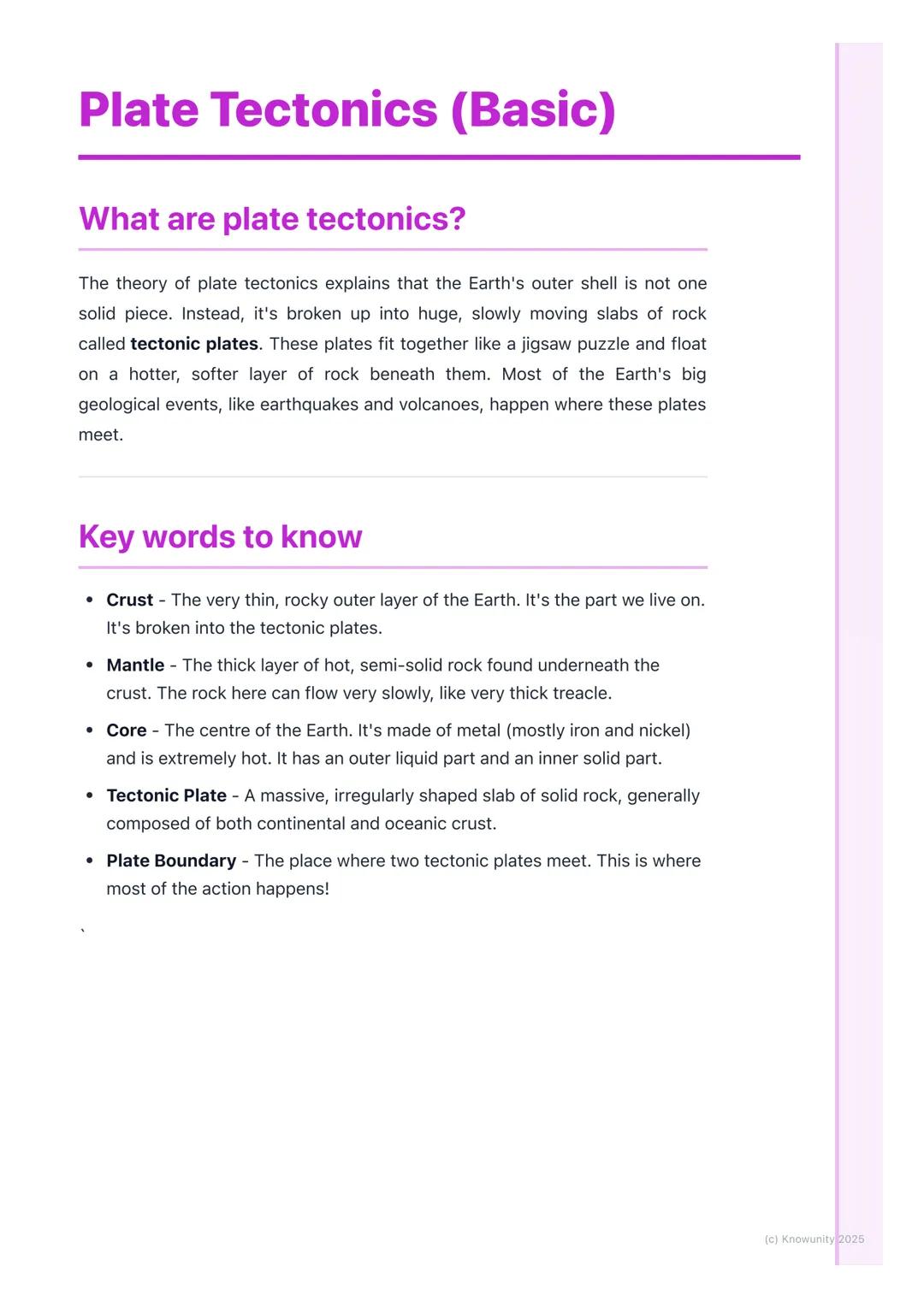 # Plate Tectonics (Basic)

## What are plate tectonics?

The theory of plate tectonics explains that the Earth's outer shell is not one
soli