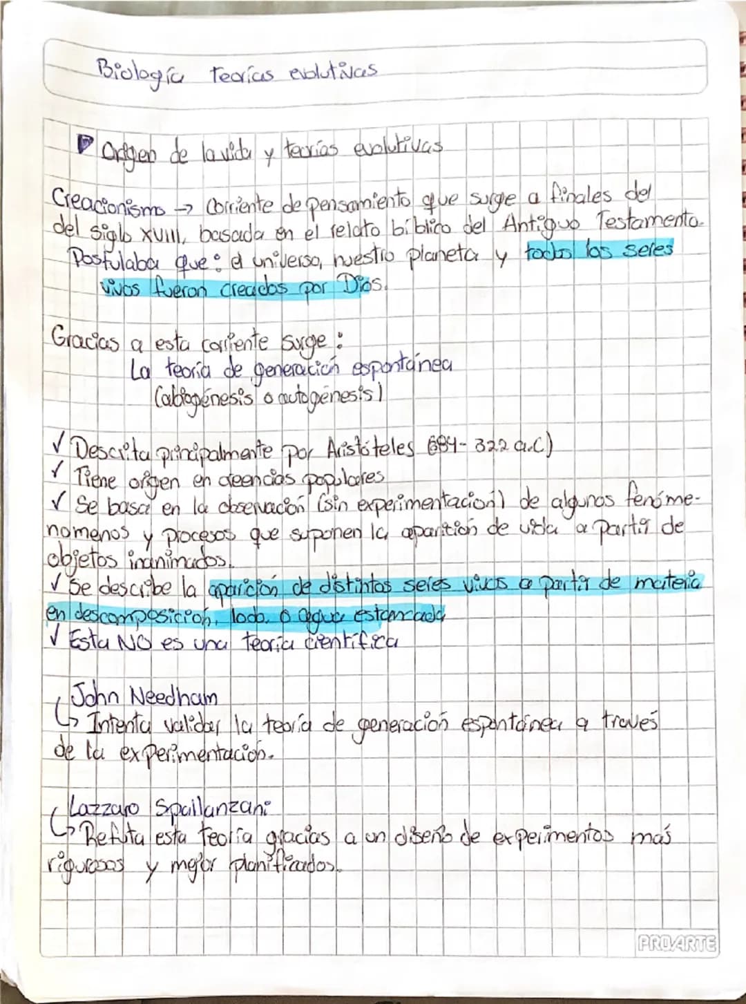 --- OCR Start ---
Biología Teorías evolutivas
Origen de la vida y terrías evolutivas.
Creacionismo Corriente de pensamiento que surge a fina