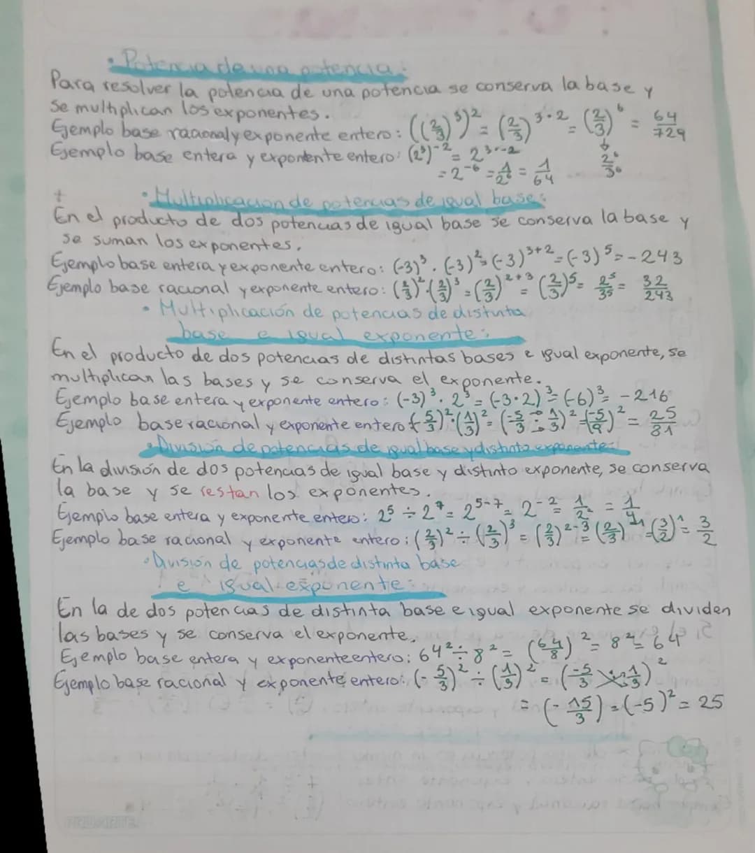 # ·Potencia de una potencia:
Para resolver la potencia de una potencia se conserva la base y
se multiplican los exponentes.
Ejemplo base rac