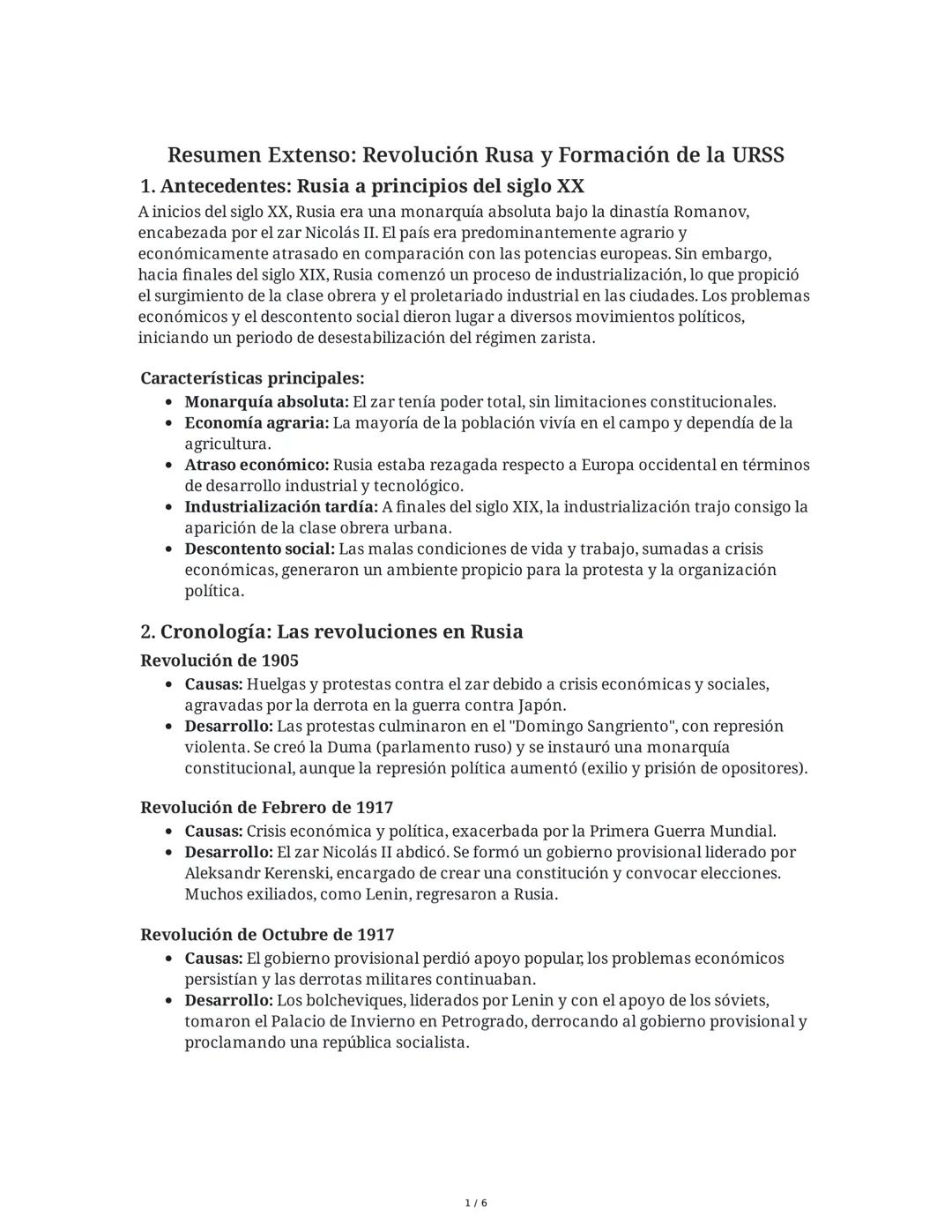 Resumen Extenso: Revolución Rusa y Formación de la URSS
1. Antecedentes: Rusia a principios del siglo XX
A inicios del siglo XX, Rusia era u