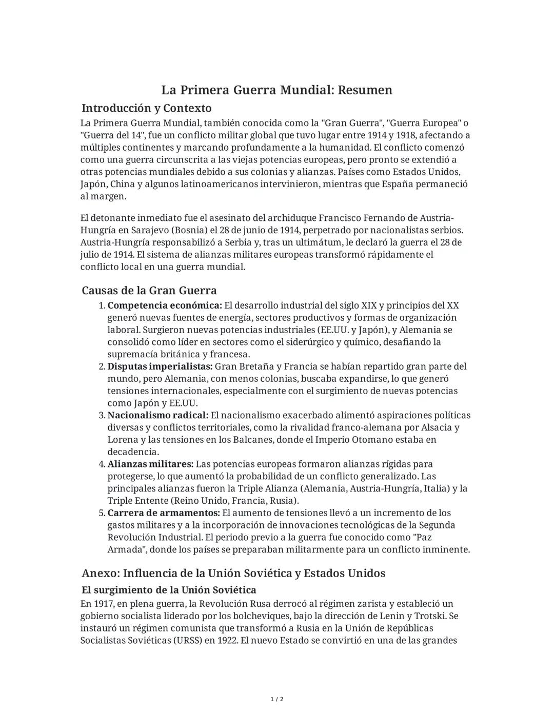 La Primera Guerra Mundial: Resumen
Introducción y Contexto
La Primera Guerra Mundial, también conocida como la "Gran Guerra", "Guerra Europe