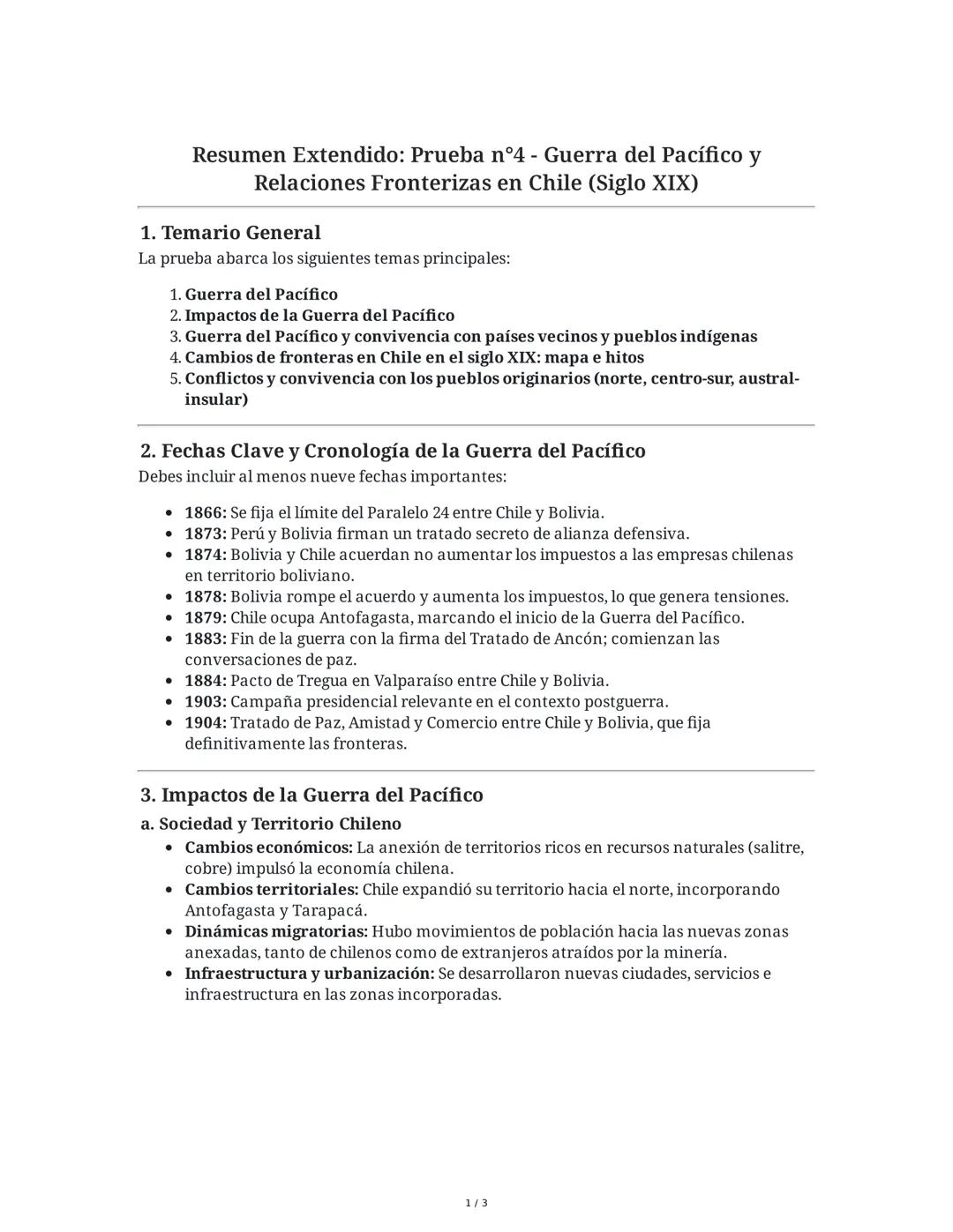 Resumen Extendido: Prueba n°4 - Guerra del Pacífico y
Relaciones Fronterizas en Chile (Siglo XIX)

1. Temario General
La prueba abarca los s