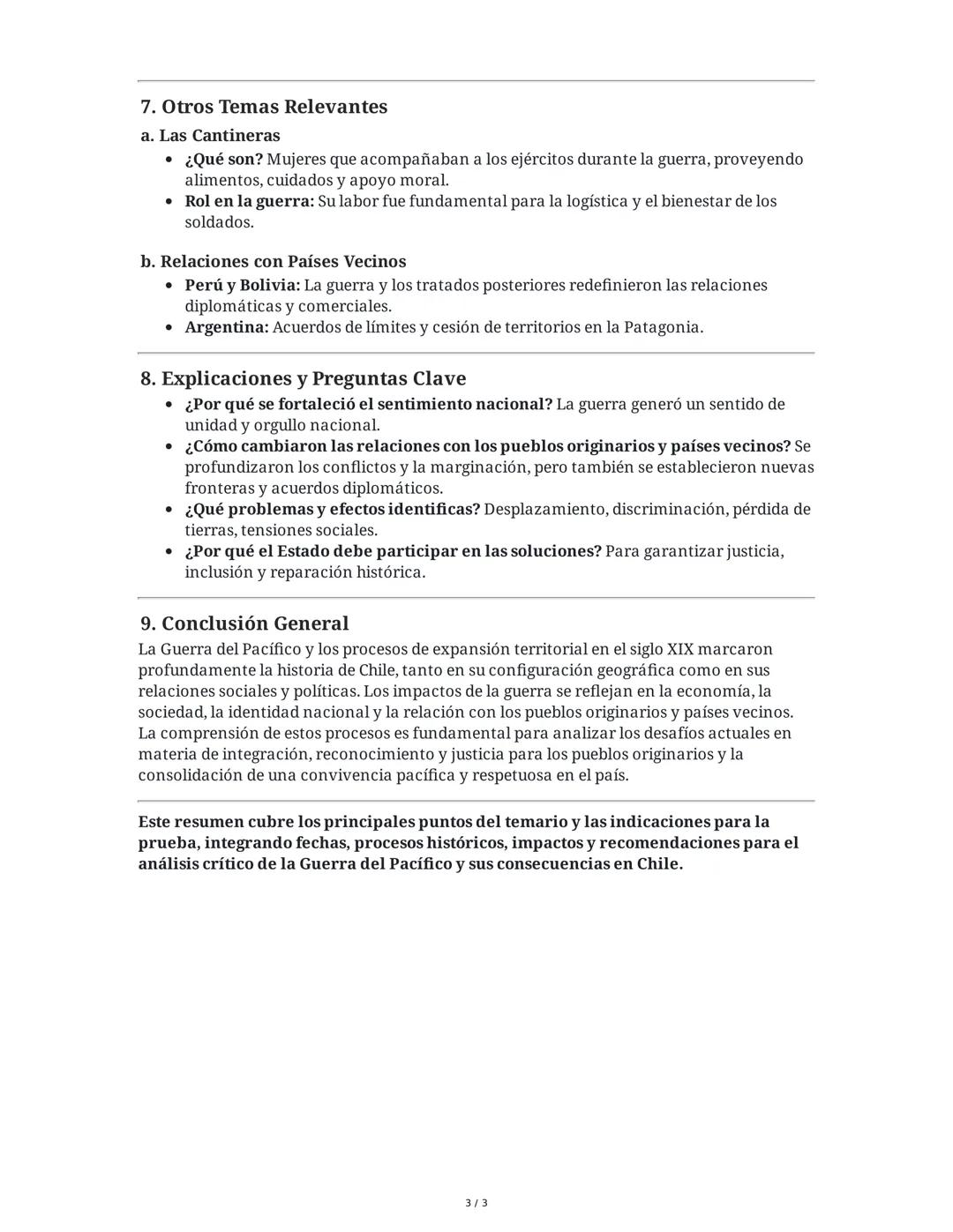 Resumen Extendido: Prueba n°4 - Guerra del Pacífico y
Relaciones Fronterizas en Chile (Siglo XIX)

1. Temario General
La prueba abarca los s