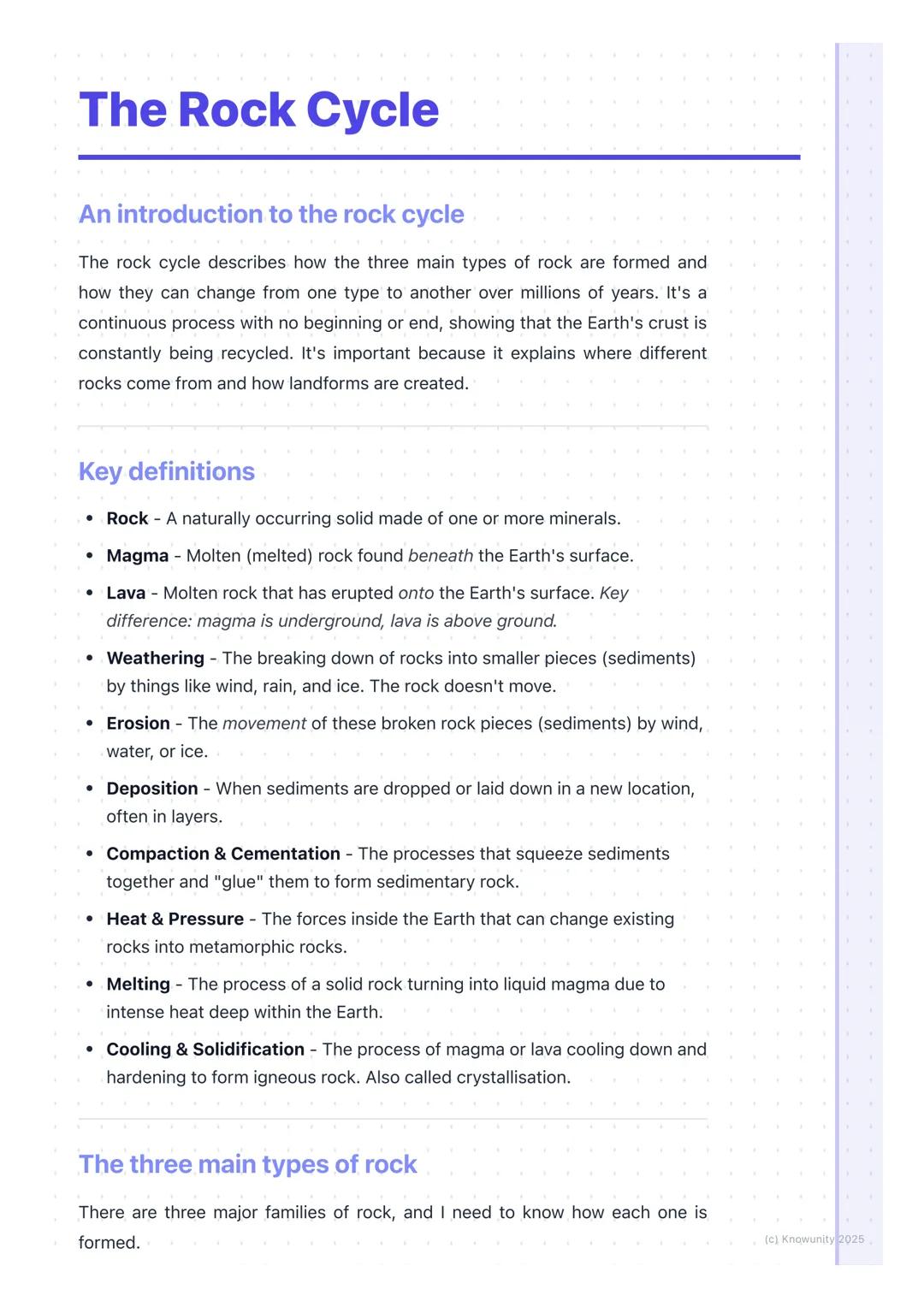 # The Rock Cycle

An introduction to the rock cycle

The rock cycle describes how the three main types of rock are formed and
how they can c