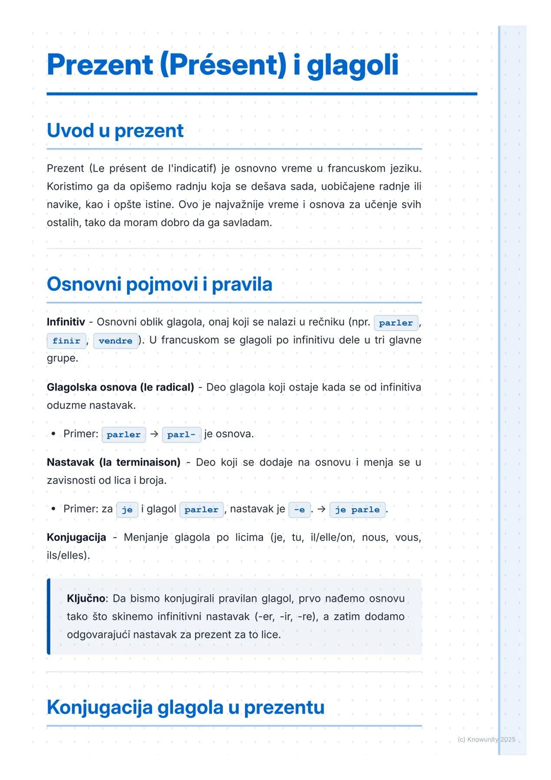 # Prezent (Présent) i glagoli

## Uvod u prezent

Prezent (Le présent de l'indicatif) je osnovno vreme u francuskom jeziku.
Koristimo ga da 