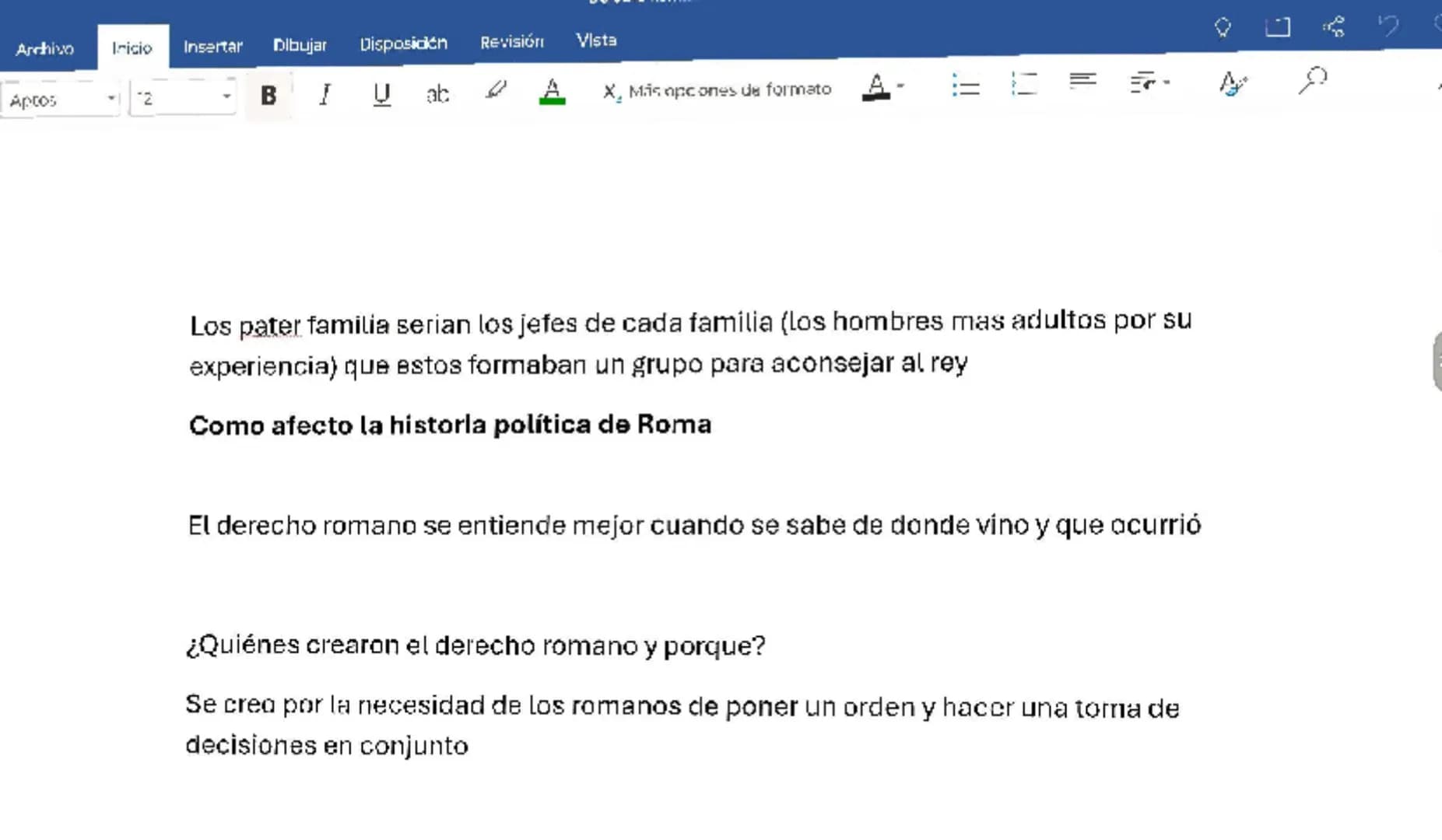 Archivo
Ir cio
Insertar
Disposición Dibujar
Revisión
Vista
ACTOS
12
B I U
X, Más opciones ce formato
A
A

# Derecho Romano

Cuando se habla 
