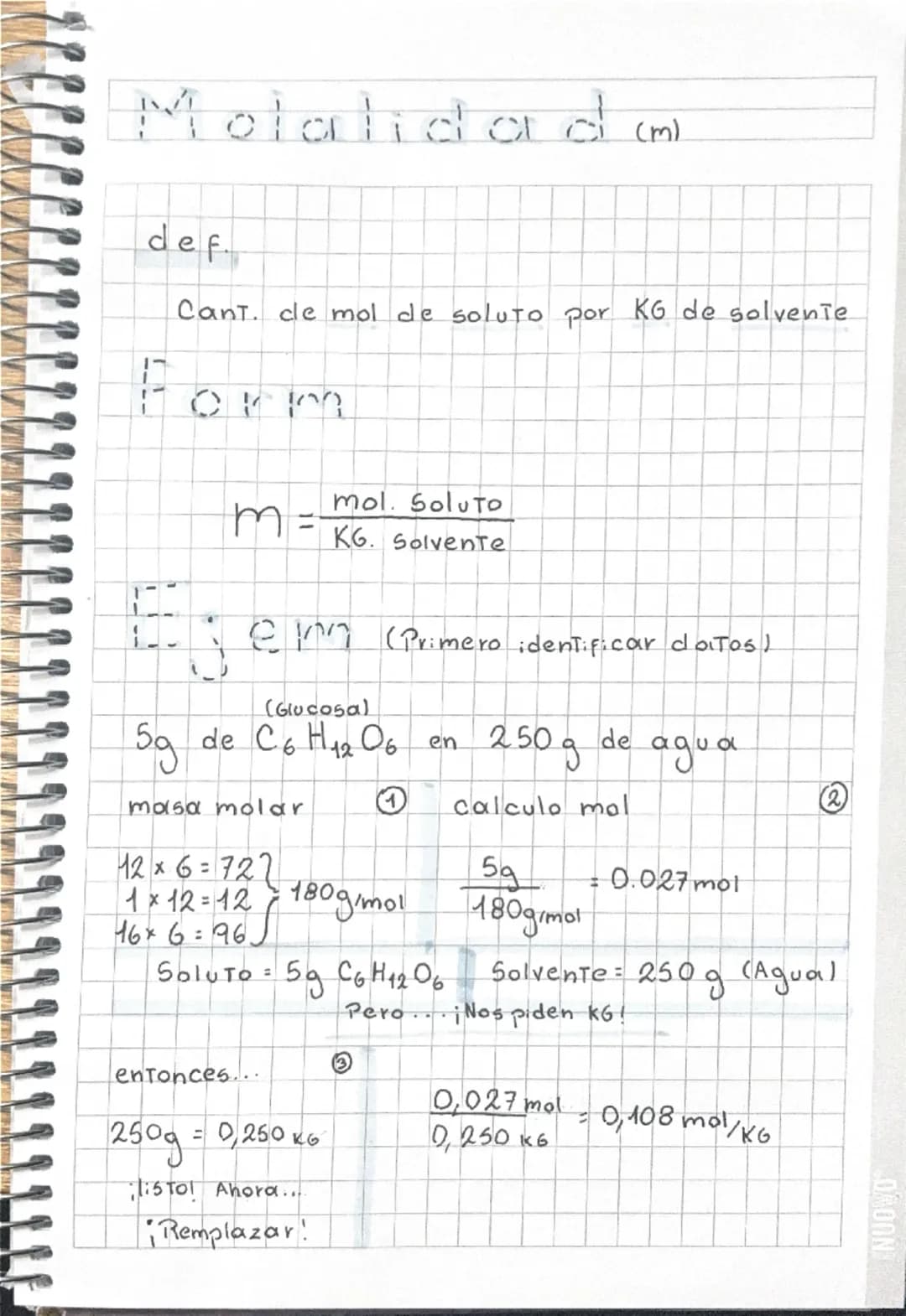 --- OCR Start ---
Molalidad (m)
def.
Cant. cle mol de soluto por KG de solvente
Form
1--
m=
mol. SolutO
KG. Solvente
jenn (Primero identific