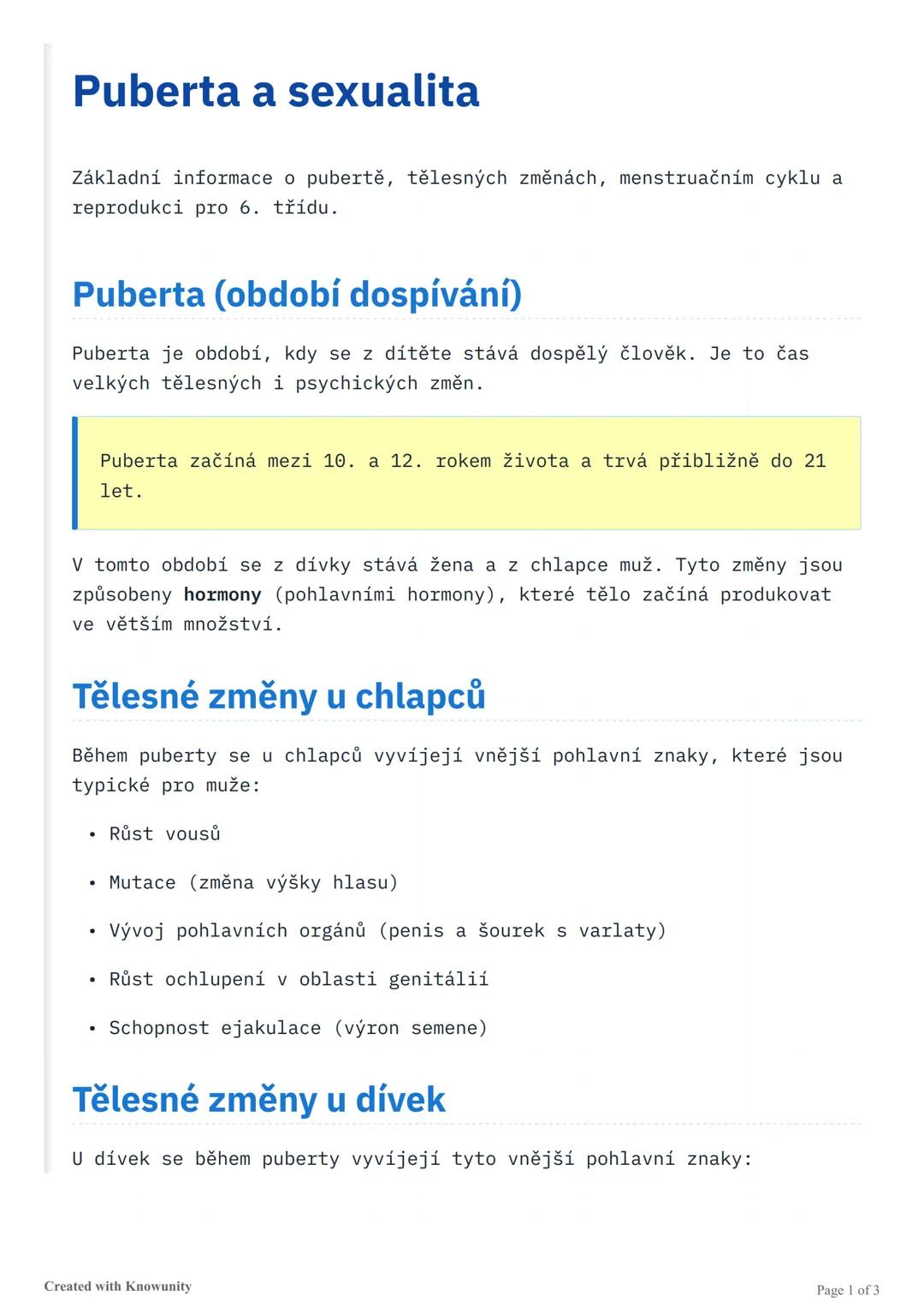 Puberta a sexualita
Základní informace o pubertě, tělesných změnách, menstruačním cyklu a
reprodukci pro 6. třídu.
Puberta (období dospívání
