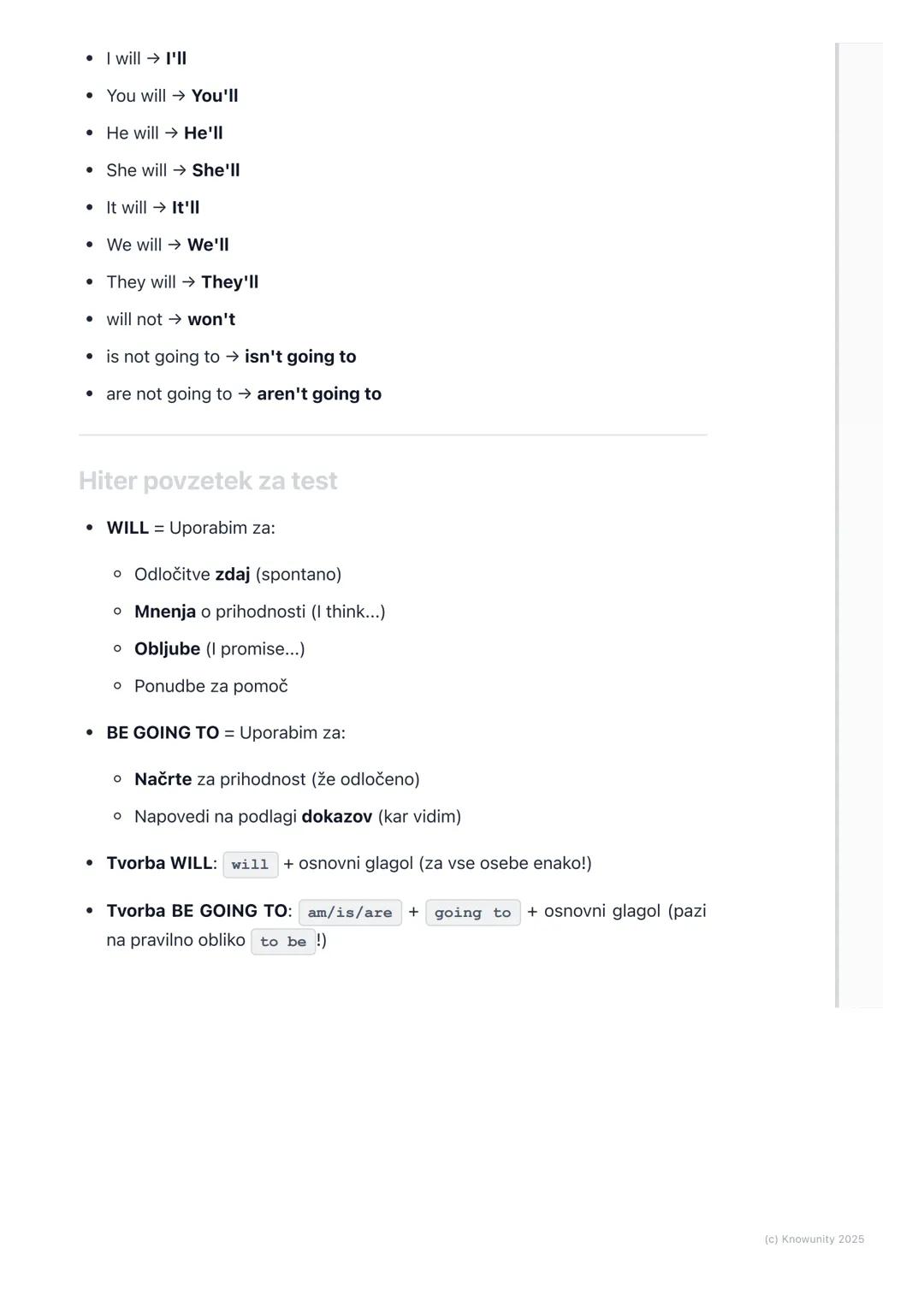 # Prihodnjik (Future Simple -
will/won't, be going to)

Uvod v prihodnjik

Prihodnjik (Future Tense) uporabljamo, ko govorimo o stvareh, ki 