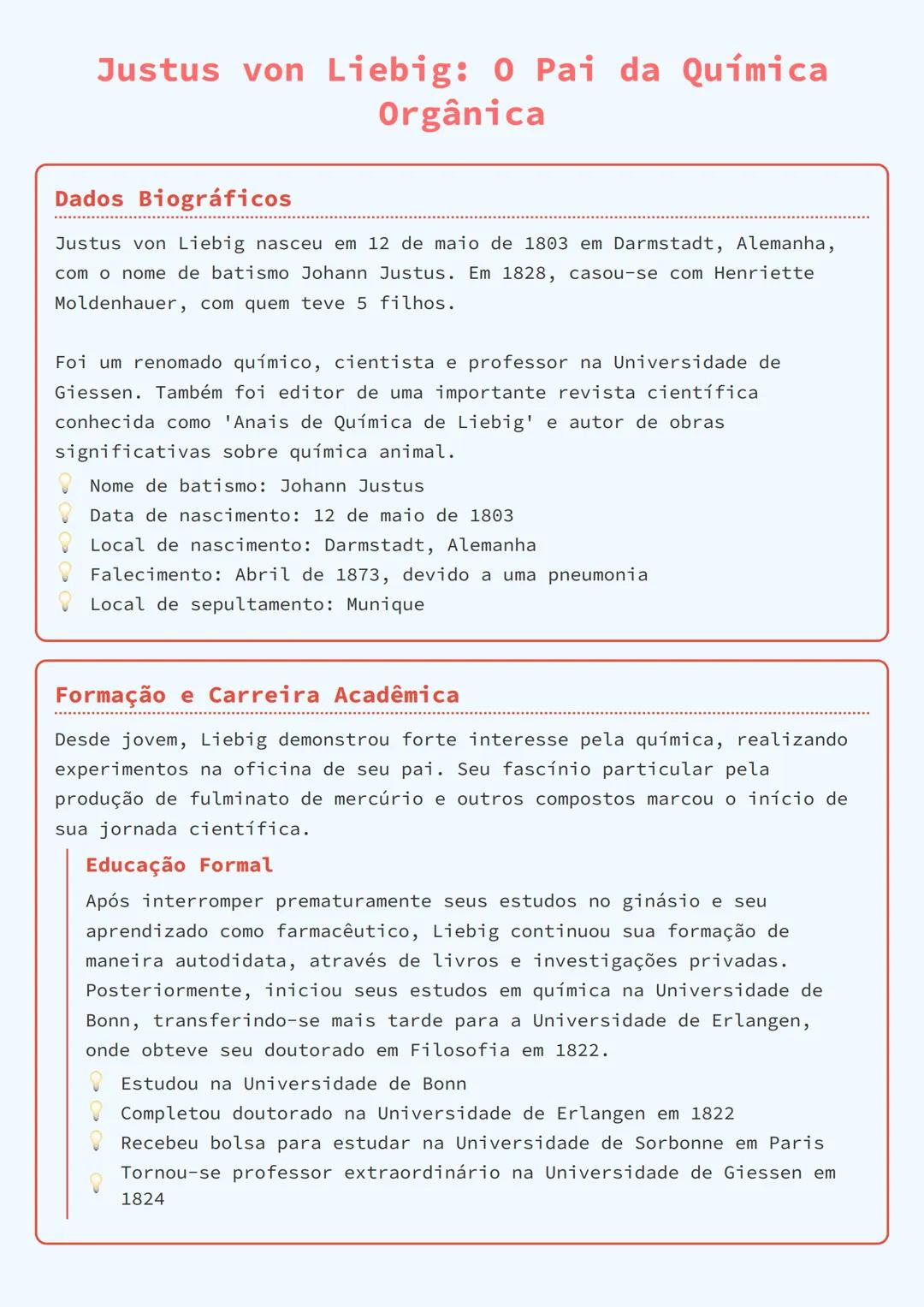 # Justus von Liebig: 0 Pai da Química
Orgânica

## Dados Biográficos

Justus von Liebig nasceu em 12 de maio de 1803 em Darmstadt, Alemanha,