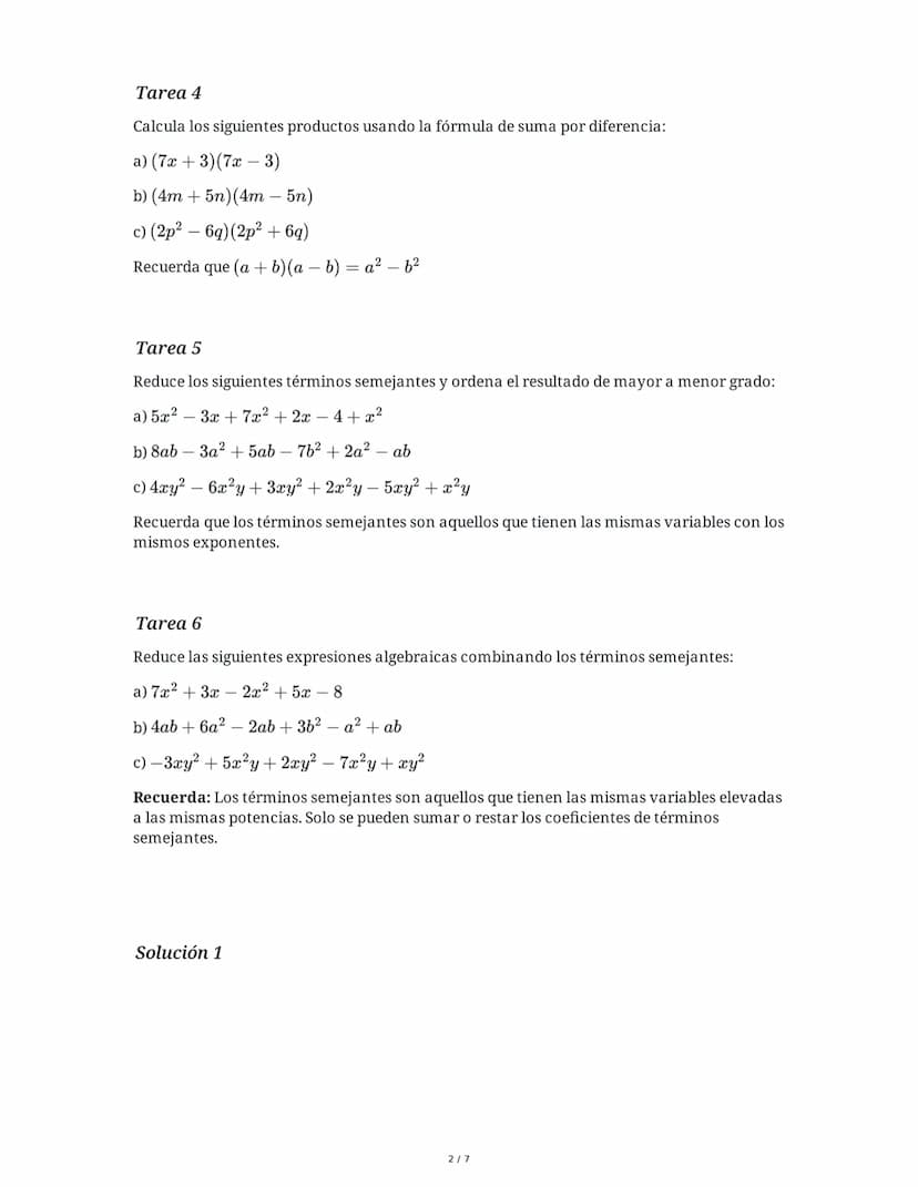 9 June 2025
Álgebra: Productos Notables y Simplificación
Tarea 1
Desarrolla los siguientes cuadrados de binomio aplicando la fórmula corresp