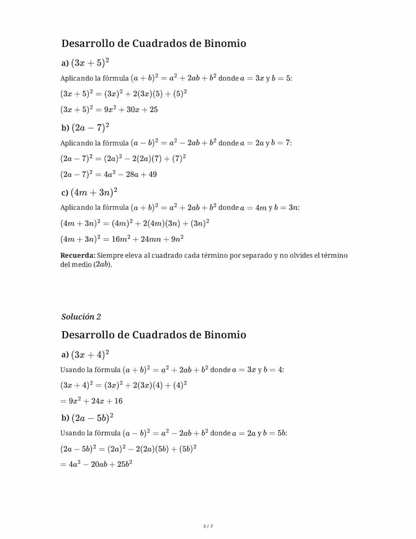 9 June 2025
Álgebra: Productos Notables y Simplificación
Tarea 1
Desarrolla los siguientes cuadrados de binomio aplicando la fórmula corresp