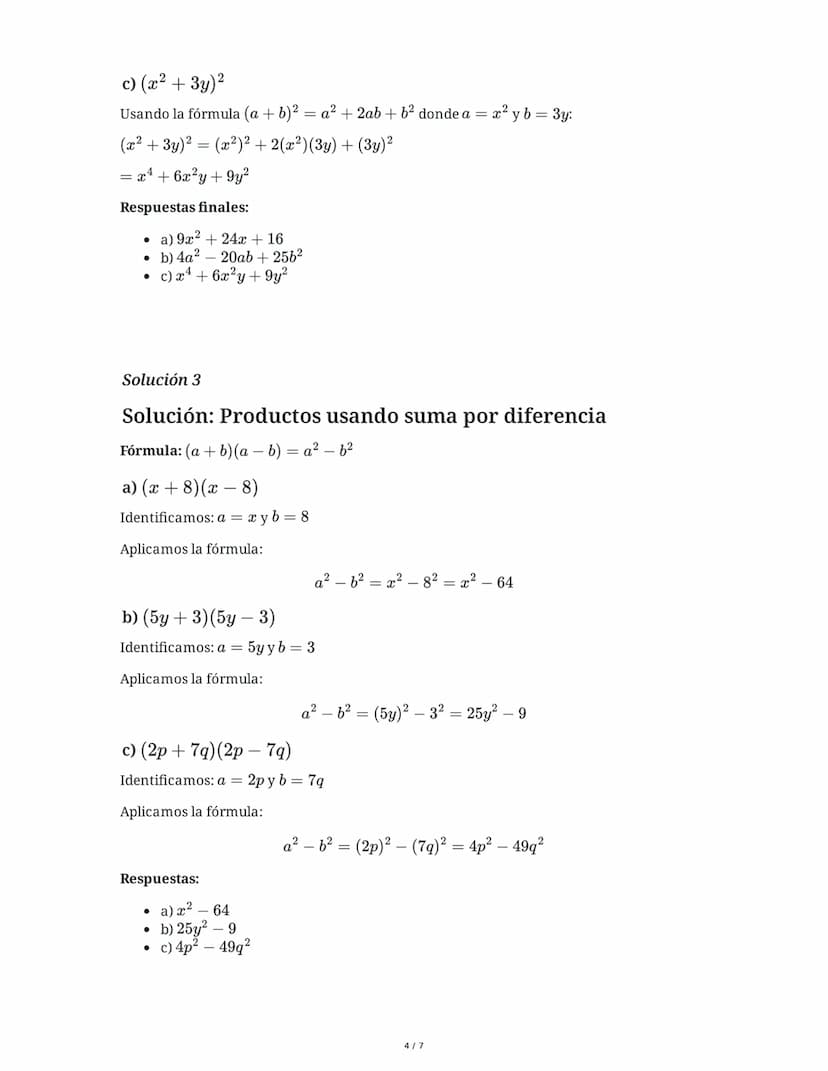 9 June 2025
Álgebra: Productos Notables y Simplificación
Tarea 1
Desarrolla los siguientes cuadrados de binomio aplicando la fórmula corresp