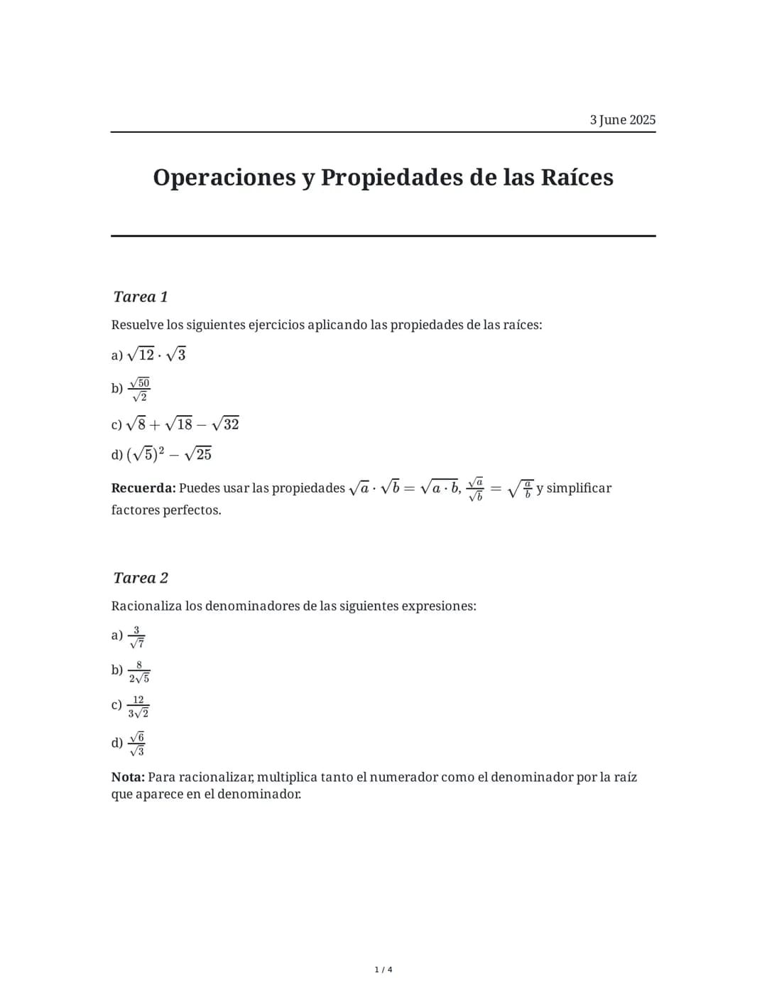 Operaciones y Propiedades de las Raíces