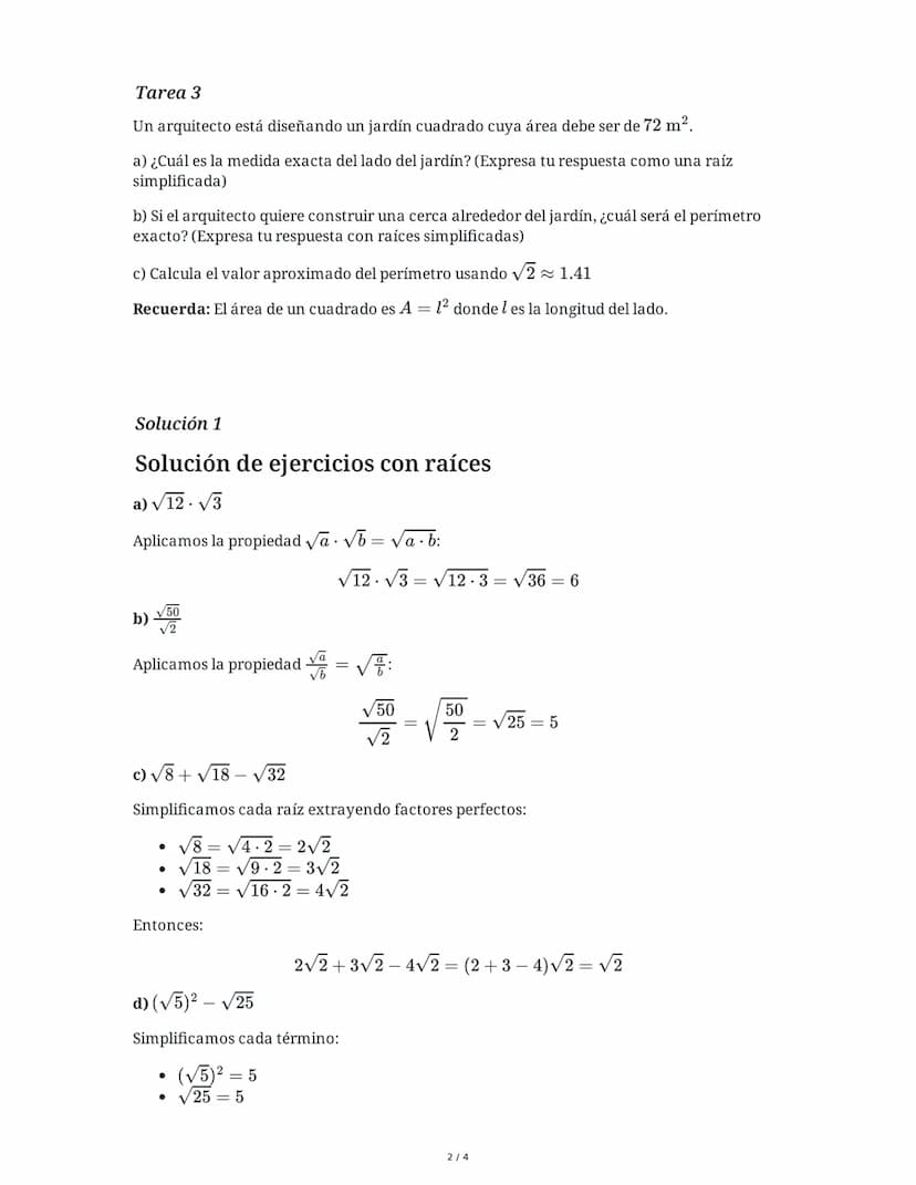 # Operaciones y Propiedades de las Raíces

3 June 2025

## Tarea 1

Resuelve los siguientes ejercicios aplicando las propiedades de las raíc