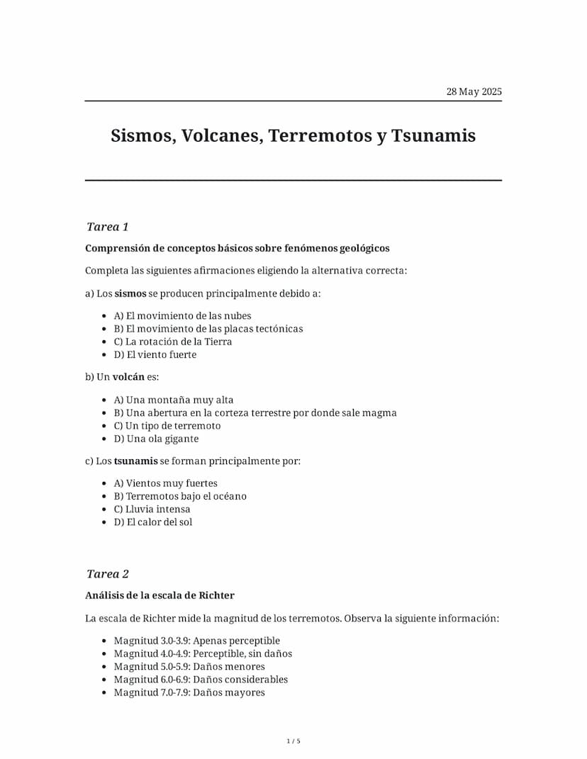 28 May 2025
Sismos, Volcanes, Terremotos y Tsunamis
Tarea 1
Comprensión de conceptos básicos sobre fenómenos geológicos
Completa las siguien