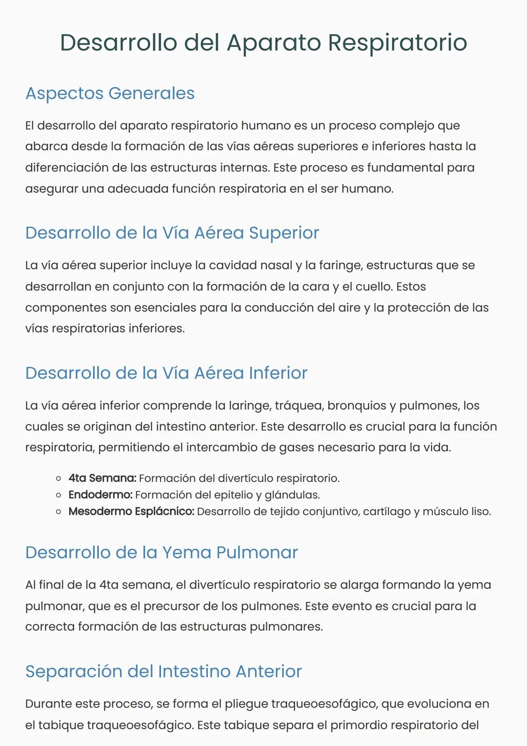 # Desarrollo del Aparato Respiratorio
Aspectos Generales
El desarrollo del aparato respiratorio humano es un proceso complejo que
abarca d