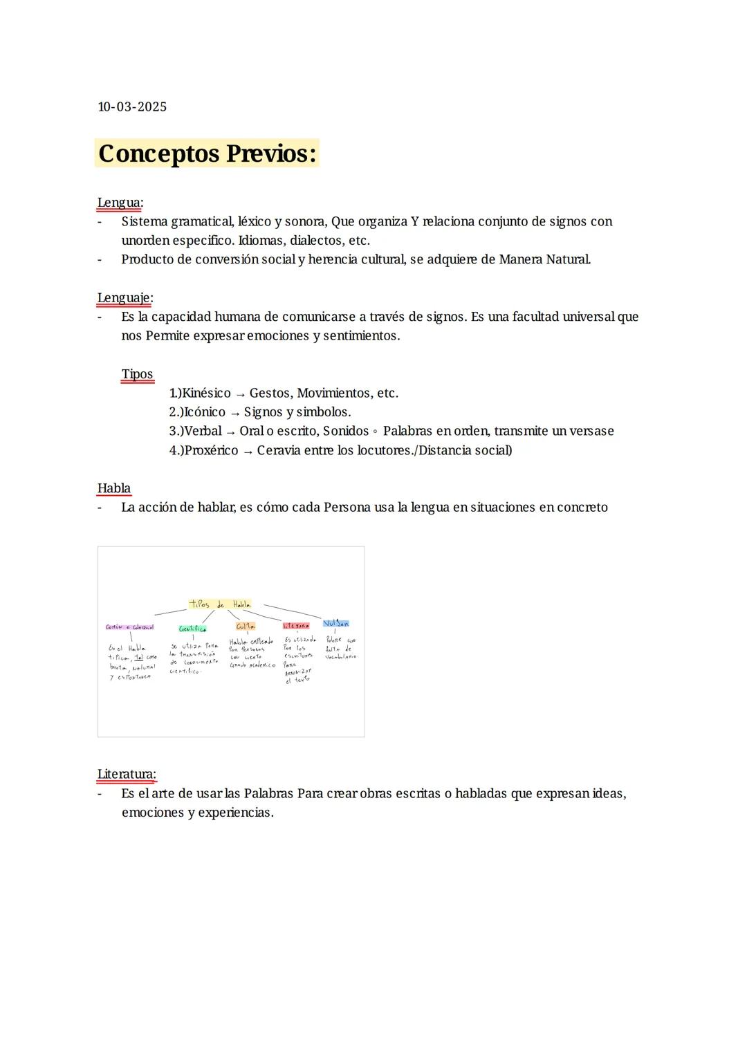 # 10-03-2025
# Conceptos Previos:
## Lengua:
- Sistema gramatical, léxico y sonora, Que organiza Y relaciona conjunto de signos con
unorde