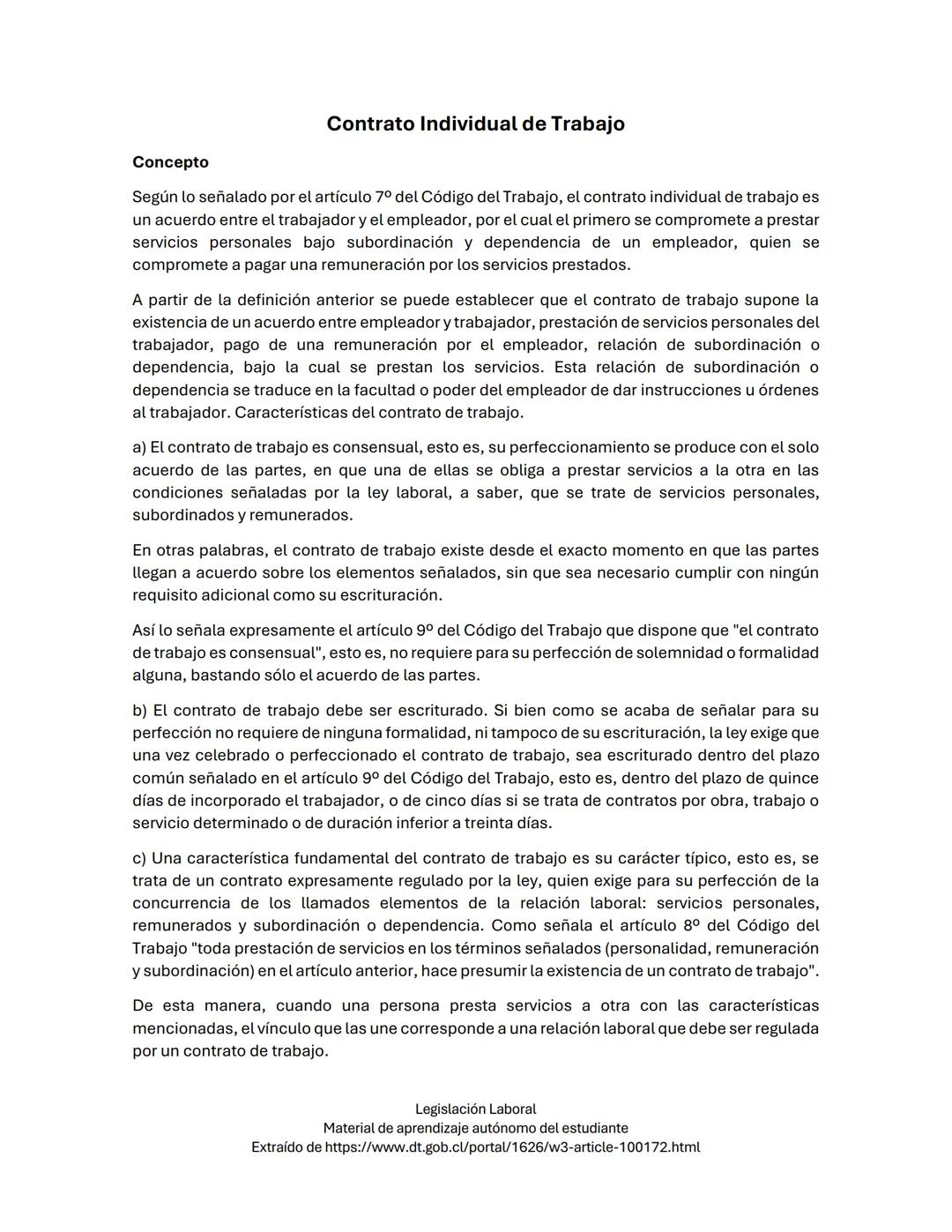 # Contrato Individual de Trabajo
## Concepto
Según lo señalado por el artículo 7° del Código del Trabajo, el contrato individual de trabaj