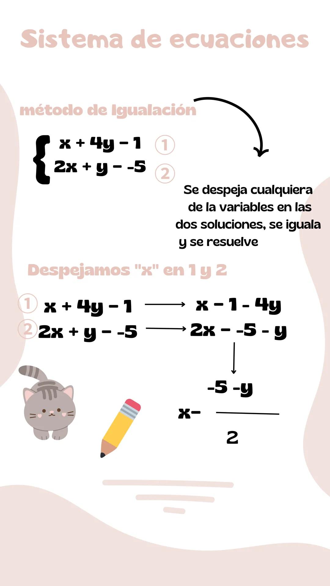 # Sistema de ecuaciones
método de Igualación
\begin{cases}x+4y-1\\ 2x+y--5\end{cases}
Se despeja cualquiera
de la variables en las
dos soluc