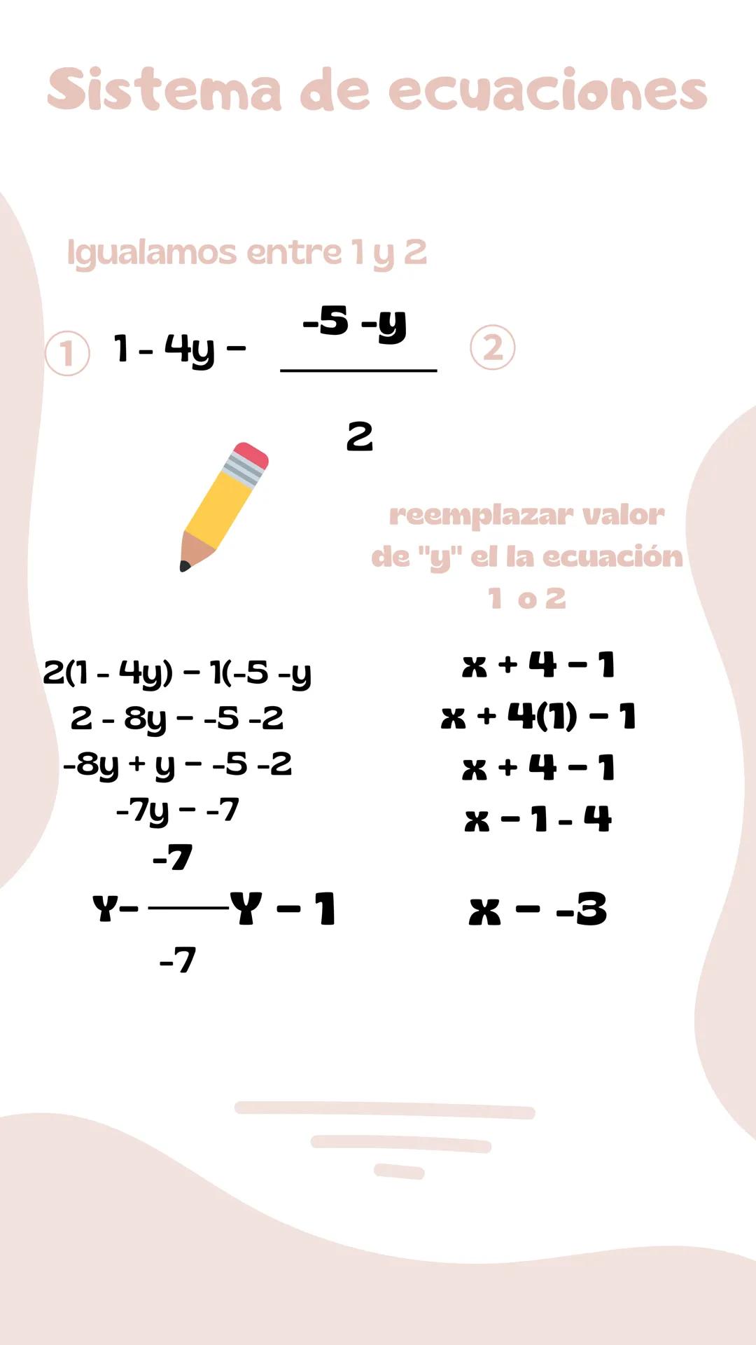 # Sistema de ecuaciones
método de Igualación
\begin{cases}x+4y-1\\ 2x+y--5\end{cases}
Se despeja cualquiera
de la variables en las
dos soluc