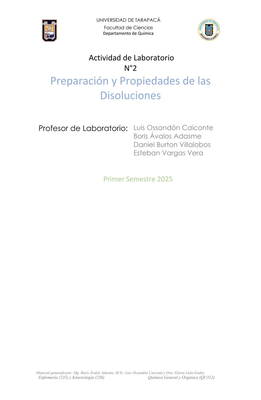 # UNIVERSIDAD DE TARAPACÁ
Facultad de Ciencias
Departamento de Química
Actividad de Laboratorio
N°2
Preparación y Propiedades de las
Disol