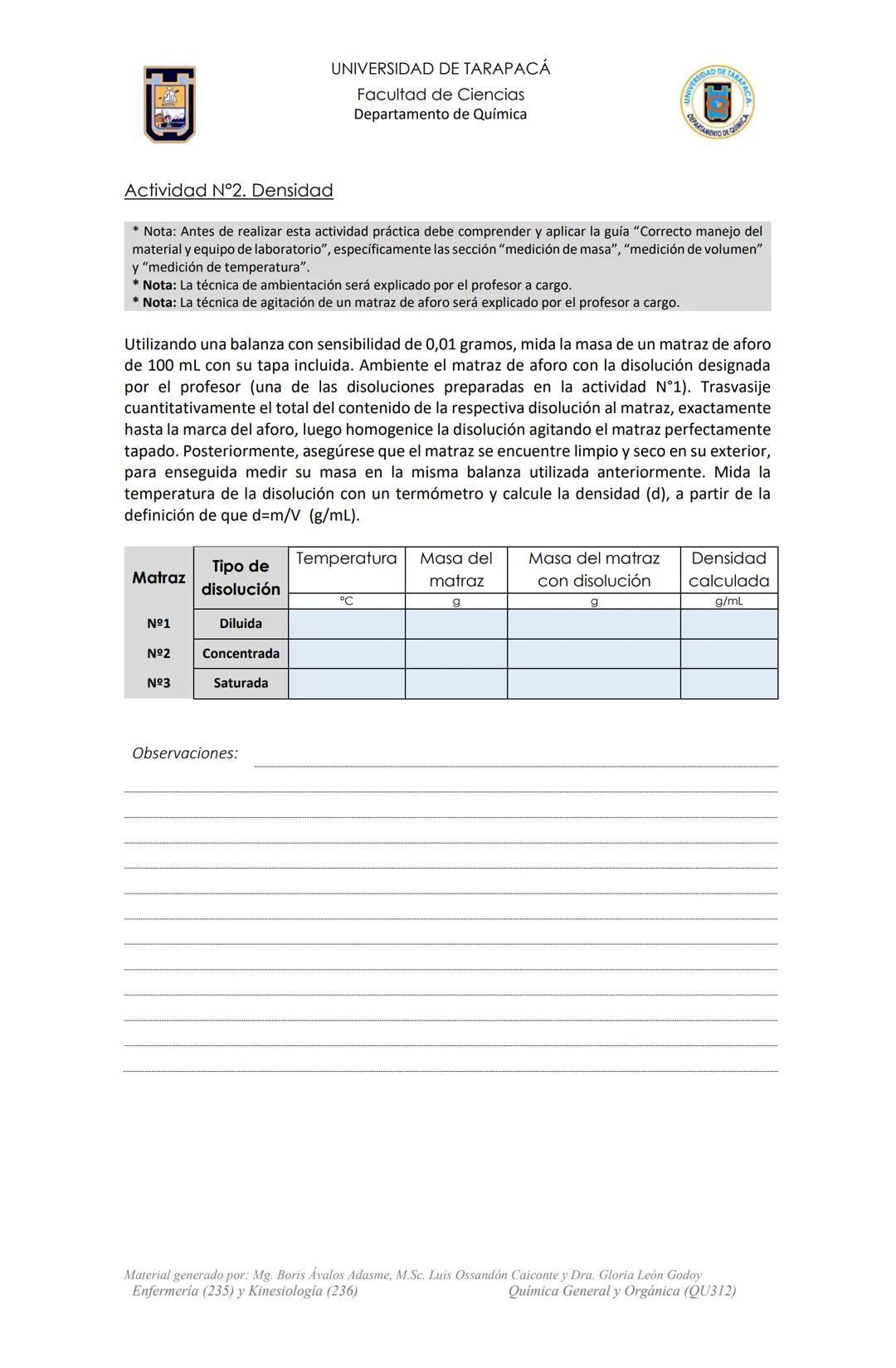 # UNIVERSIDAD DE TARAPACÁ
Facultad de Ciencias
Departamento de Química
Actividad de Laboratorio
N°2
Preparación y Propiedades de las
Disol