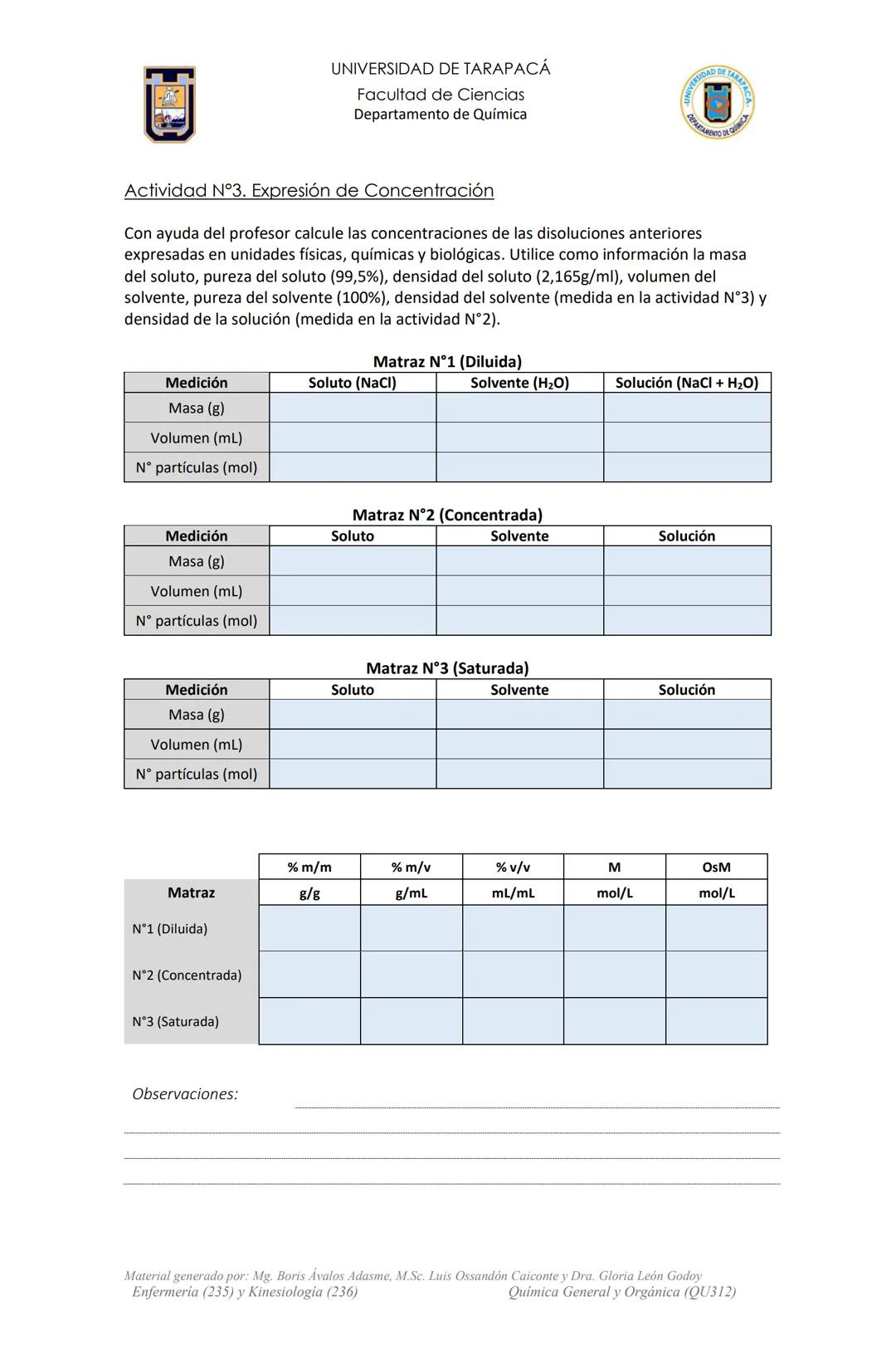 # UNIVERSIDAD DE TARAPACÁ
Facultad de Ciencias
Departamento de Química
Actividad de Laboratorio
N°2
Preparación y Propiedades de las
Disol