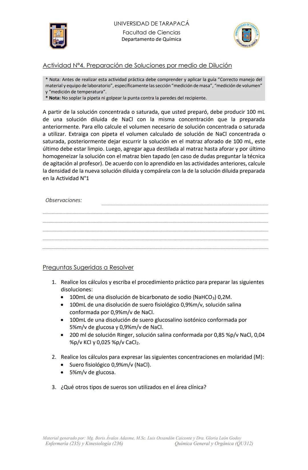 # UNIVERSIDAD DE TARAPACÁ
Facultad de Ciencias
Departamento de Química
Actividad de Laboratorio
N°2
Preparación y Propiedades de las
Disol