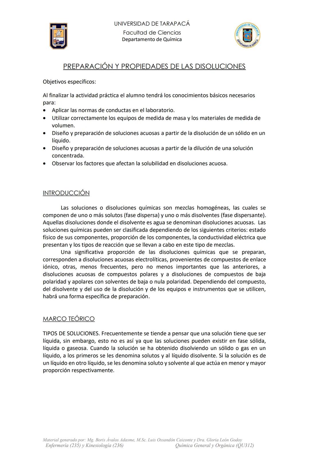 # UNIVERSIDAD DE TARAPACÁ
Facultad de Ciencias
Departamento de Química
Actividad de Laboratorio
N°2
Preparación y Propiedades de las
Disol