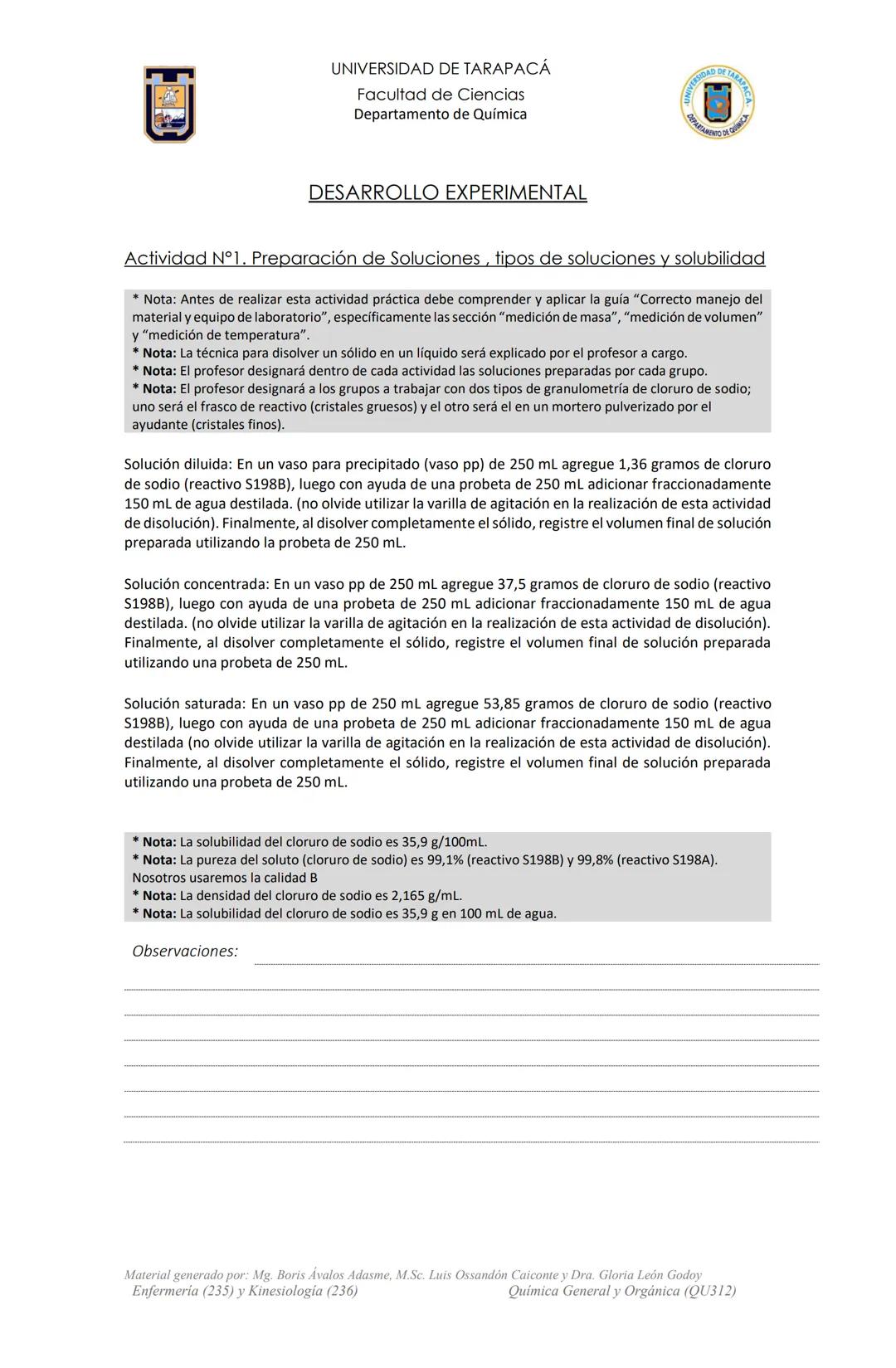 # UNIVERSIDAD DE TARAPACÁ
Facultad de Ciencias
Departamento de Química
Actividad de Laboratorio
N°2
Preparación y Propiedades de las
Disol