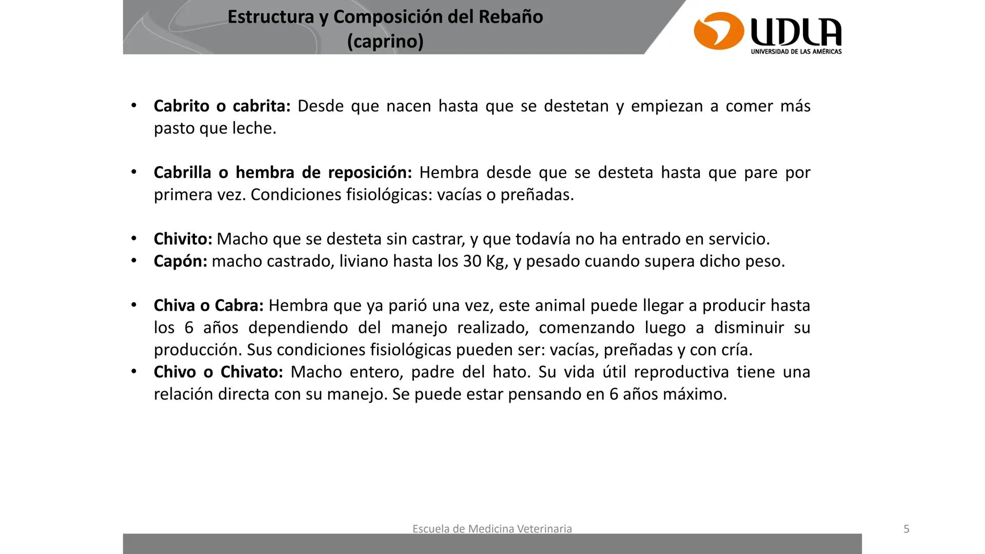UDLA
UNIVERSIDAD DE LAS AMERICAS
Caracterización del Rebaño (Tipología,
Cronometría Dentaria y Condición Corporal)
Escuela de Medicina Ve