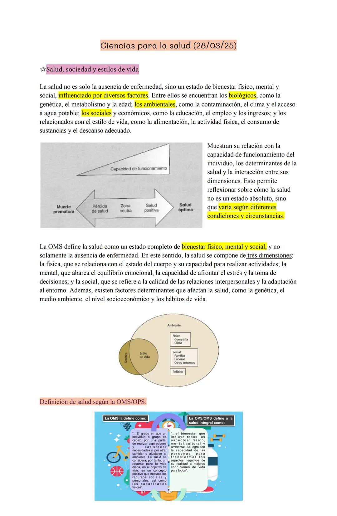 # Ciencias para la salud (28/03/25)
Salud, sociedad y estilos de vida
La salud no es solo la ausencia de enfermedad, sino un estado de bie