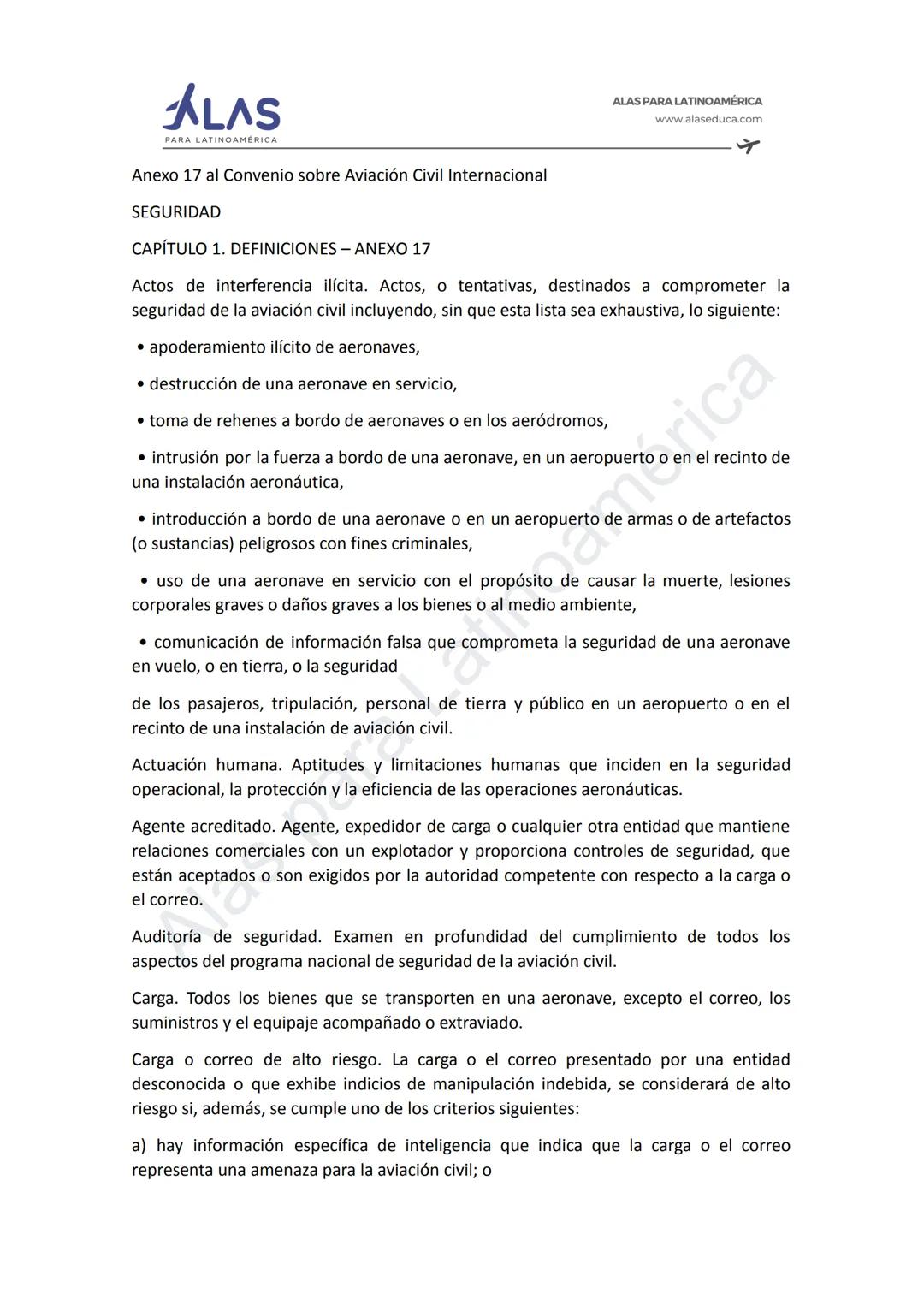 # ALAS
PAR
INOAMÉRICA
ALAS PARA LATINOAMÉRICA
www.alaseduca.com
SEGURIDAD CONTRA LOS ACTOS DE INTERFERENCIA ILÍCITA
AVSEC
La Organizació