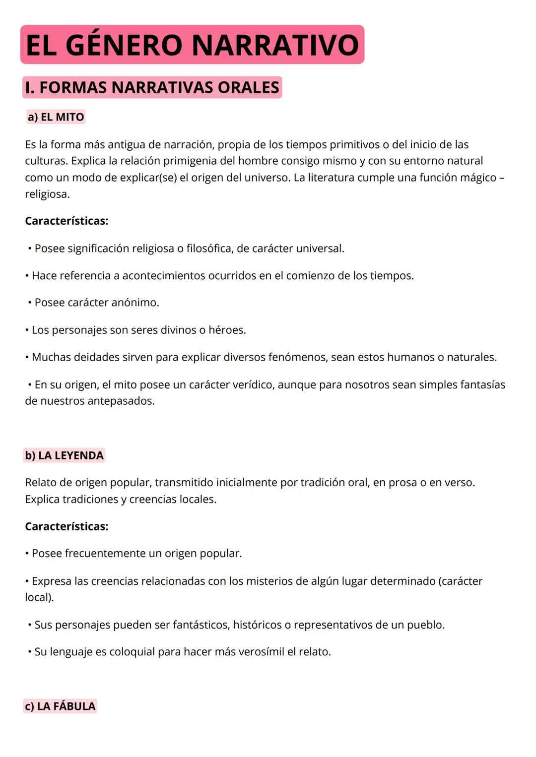 # EL GÉNERO NARRATIVO
I. FORMAS NARRATIVAS ORALES
a) EL MITO
Es la forma más antigua de narración, propia de los tiempos primitivos o del