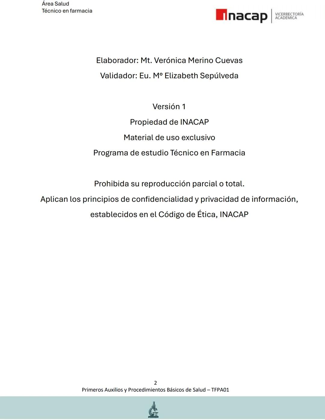 # Área Salud
Carrera Técnico en Farmacia
# Inacap VICERRECTORÍA
ACADEMICA
H
8
# MANUAL ESTUDIANTE
Primeros Auxilios y
Procedimientos Bási