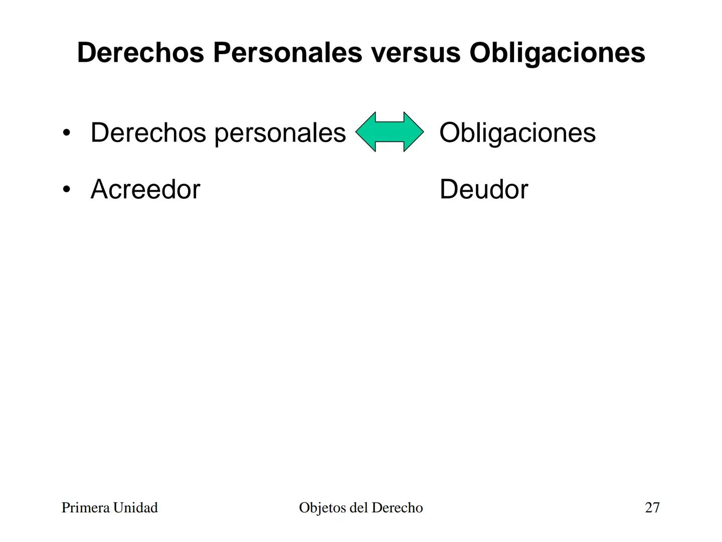 # Objetos del Derecho
(Cosas - Bienes) • Cosa es todo lo que existe, excepto las
personas
• Es decir, es todo aquello que tiene existencia