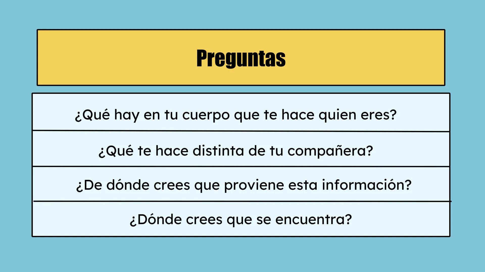 # Preguntas
¿Qué hay en tu cuerpo que te hace quien eres?
¿Qué te hace distinta de tu compañera?
¿De dónde crees que proviene esta inform