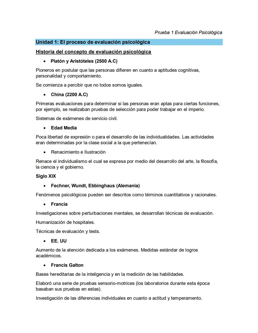 Unidad 1: El proceso de evaluación psicológica
Historia del concepto de evaluación psicológica
* Platón y Aristóteles (2500 A.C)
Pioneros en