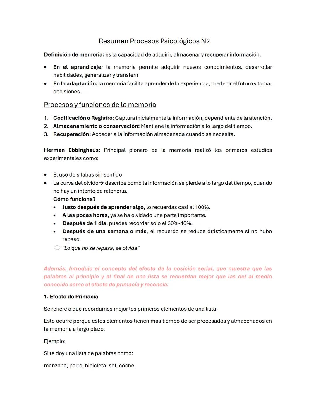 Procesos Psicológicos: Memoria