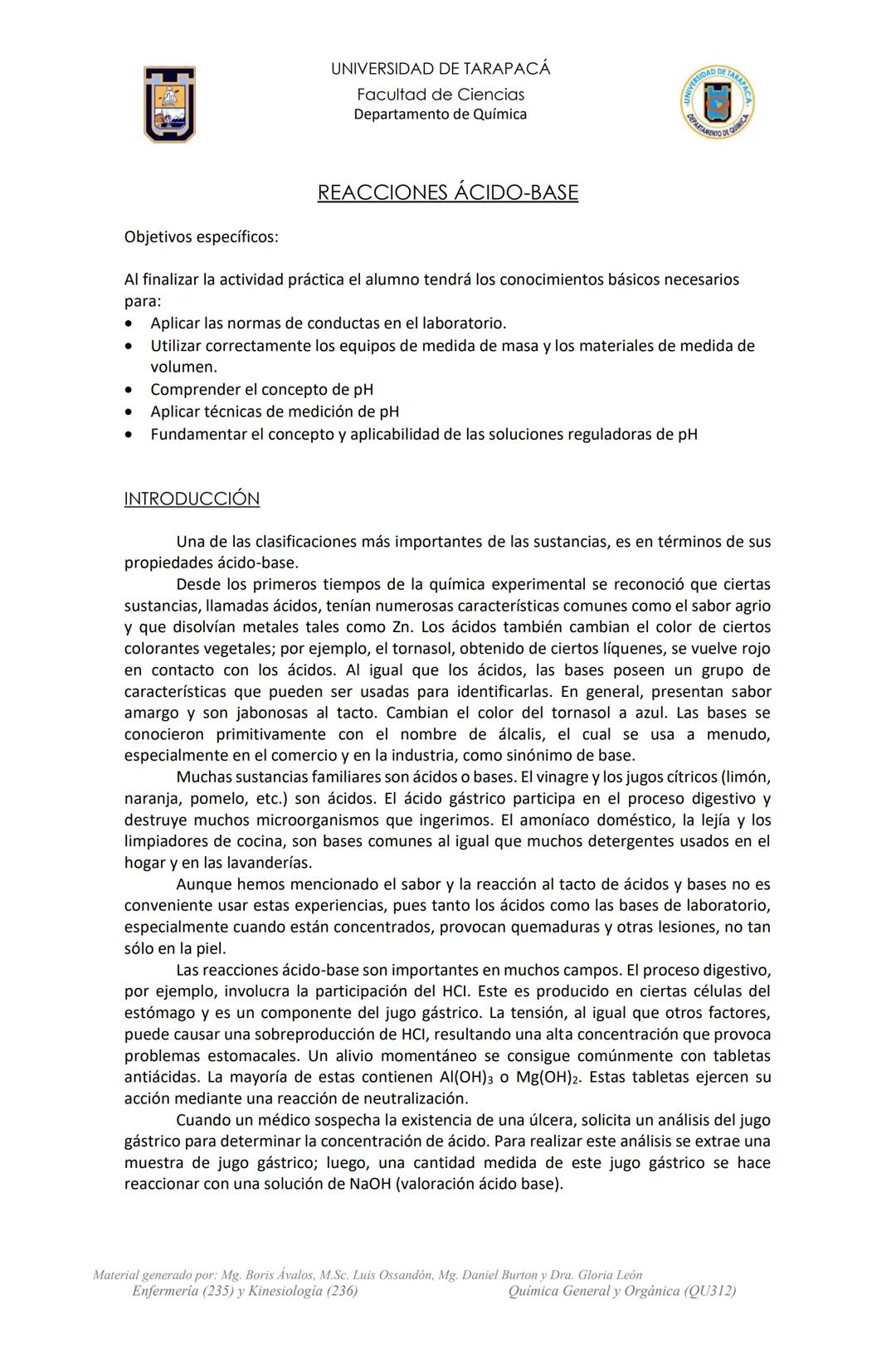 UNIVERSIDAD DE TARAPACÁ
Facultad de Ciencias
Departamento de Química
Actividad de Laboratorio
N°3
Reacciones
Ácido-Base
Profesor de Laborato