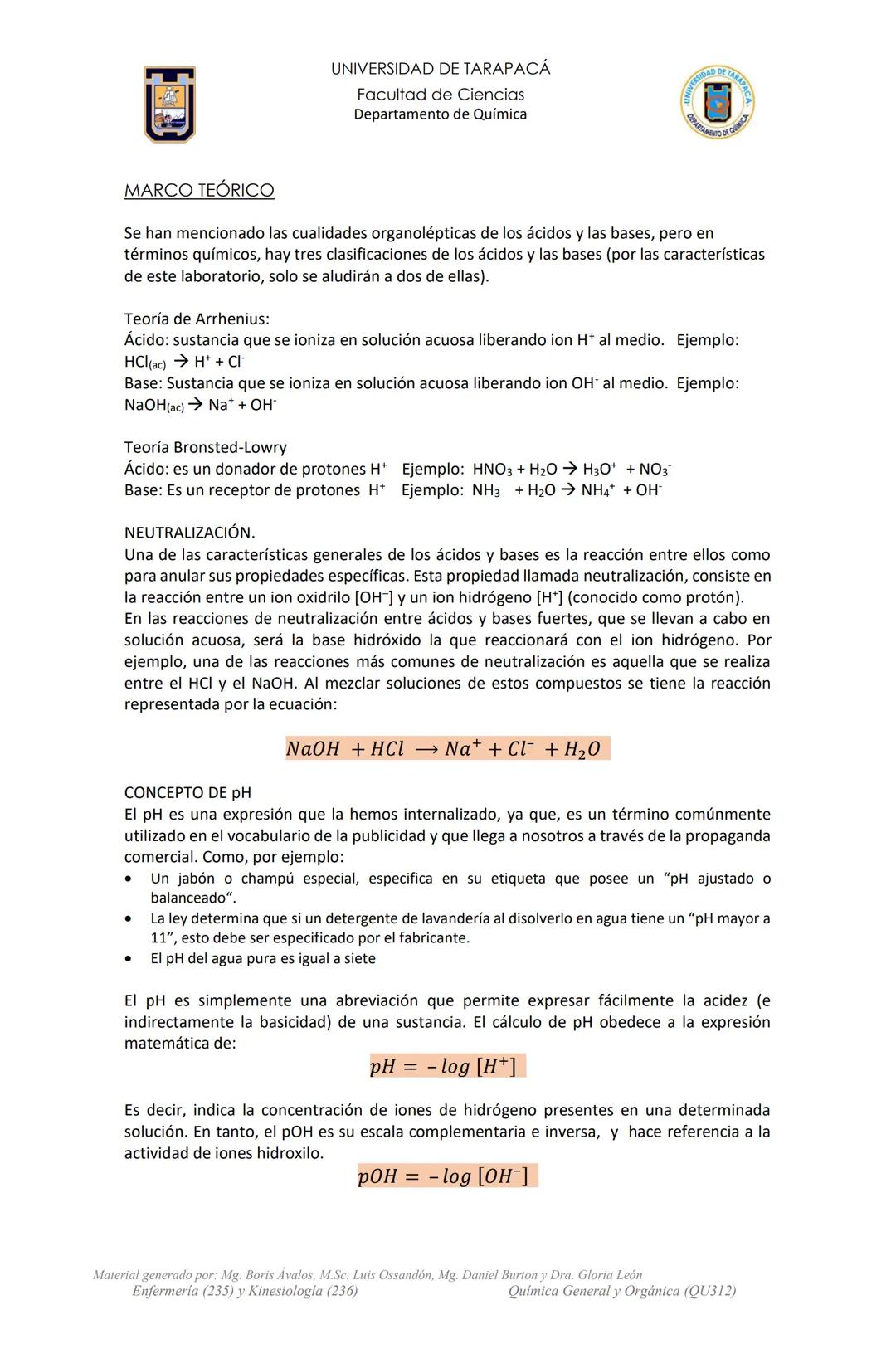 UNIVERSIDAD DE TARAPACÁ
Facultad de Ciencias
Departamento de Química
Actividad de Laboratorio
N°3
Reacciones
Ácido-Base
Profesor de Laborato