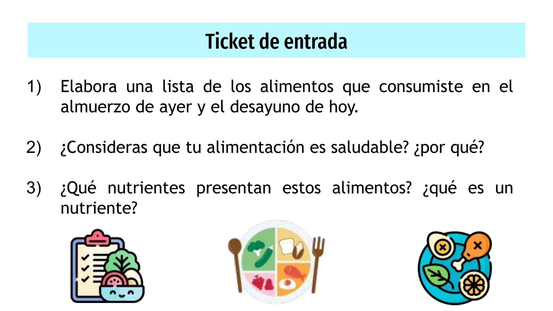# Nutrientes
y sus consecuencias
Fernanda Lucero Ticket de entrada
1) Elabora una lista de los alimentos que consumiste en el
almuerzo de a