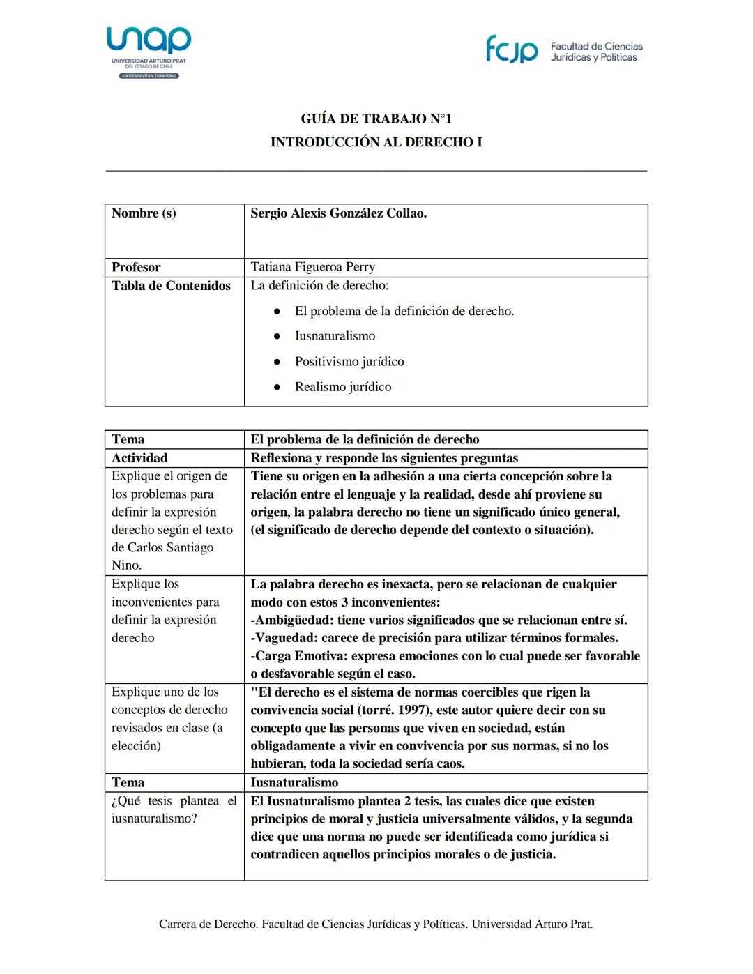 # GUÍA DE TRABAJO N°1
# INTRODUCCIÓN AL DERECHO I
Nombre (s) Sergio Alexis González Collao.
Profesor Tatiana Figueroa Perry
Tabla de Co